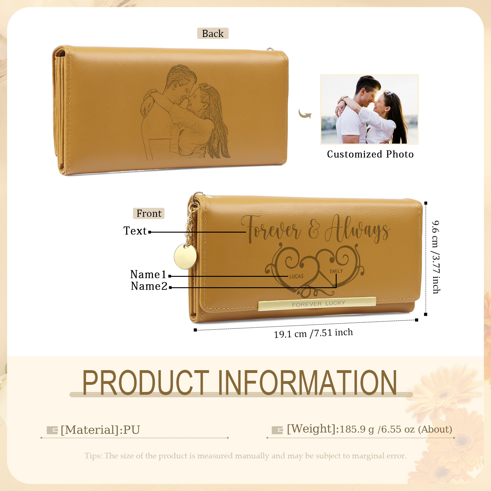 Personalised PU Leather Wallet Two Hearts Custom 1 Photo 2 Names 1 Text Womens Purse Gift for Her