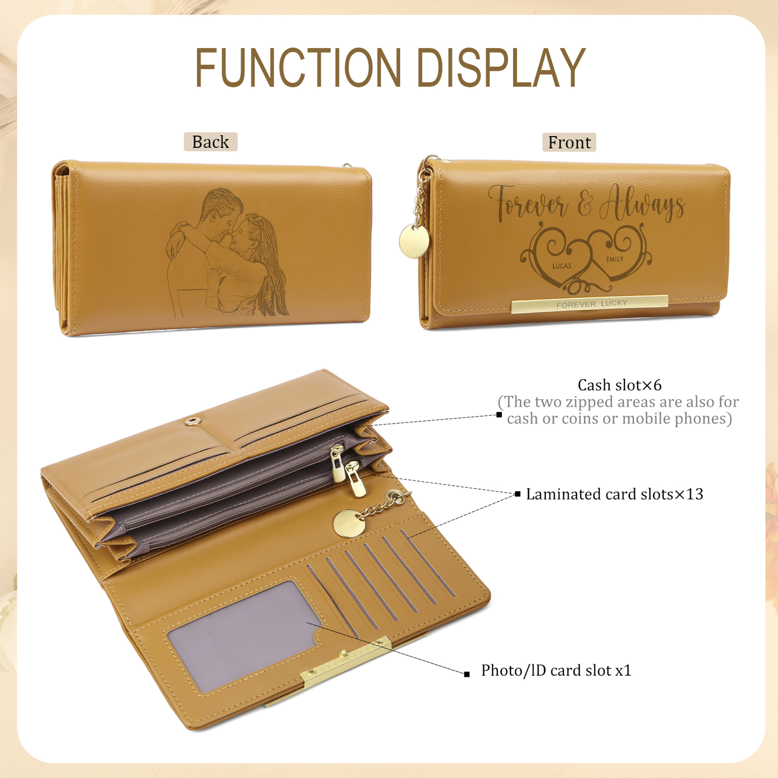 Personalised PU Leather Wallet Two Hearts Custom 1 Photo 2 Names 1 Text Womens Purse Gift for Her