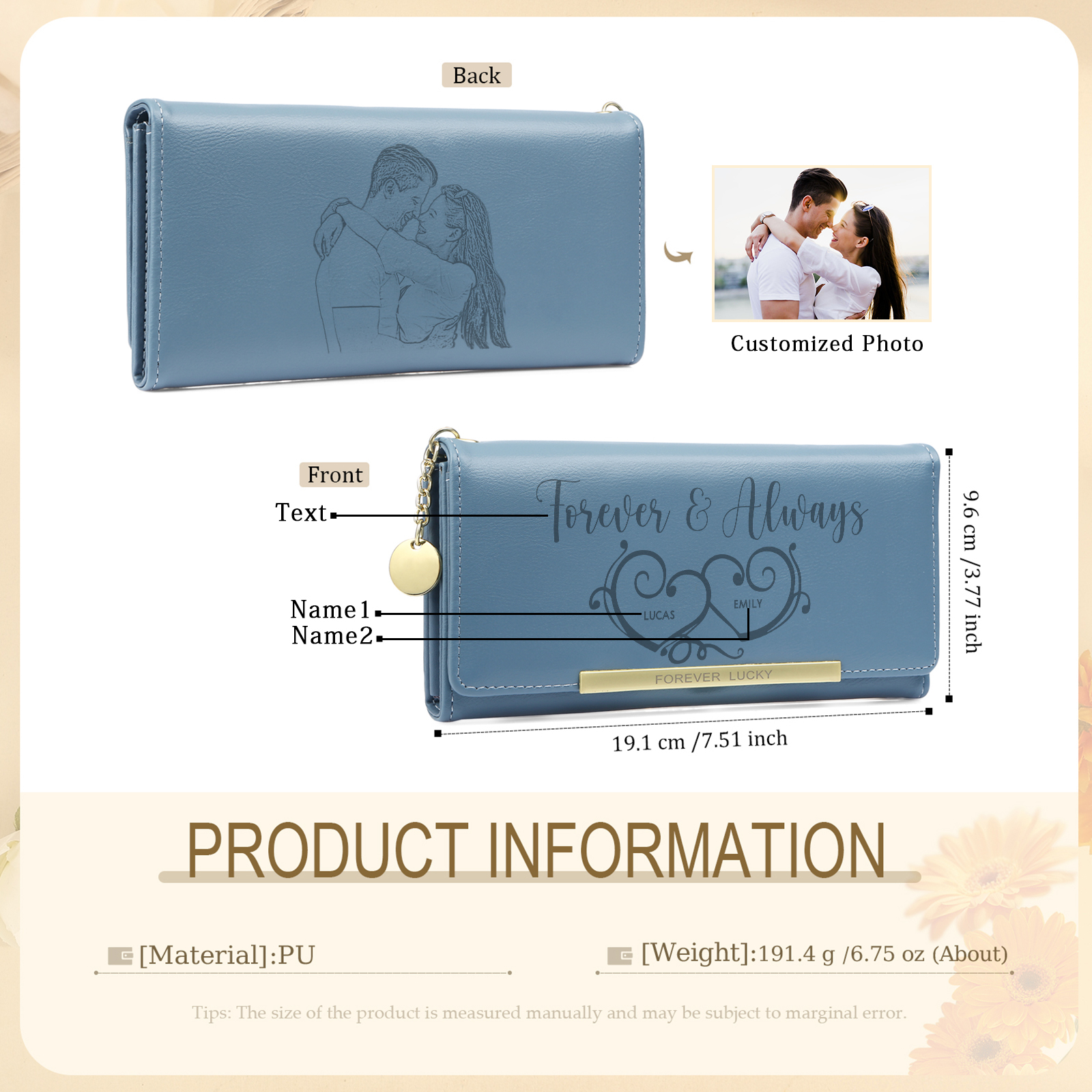 Personalised PU Leather Wallet Two Hearts Custom 1 Photo 2 Names 1 Text Womens Purse Gift for Her