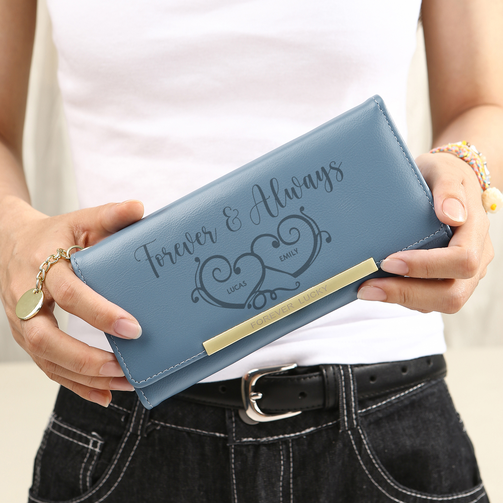 Personalised PU Leather Wallet Two Hearts Custom 1 Photo 2 Names 1 Text Womens Purse Gift for Her
