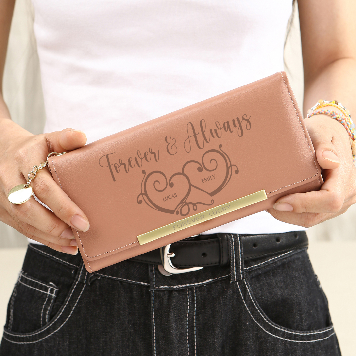 Personalised PU Leather Wallet Two Hearts Custom 1 Photo 2 Names 1 Text Womens Purse Gift for Her