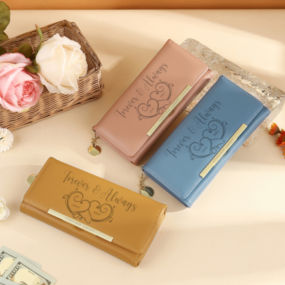 Personalised PU Leather Wallet Two Hearts Custom 1 Photo 2 Names 1 Text Womens Purse Gift for Her