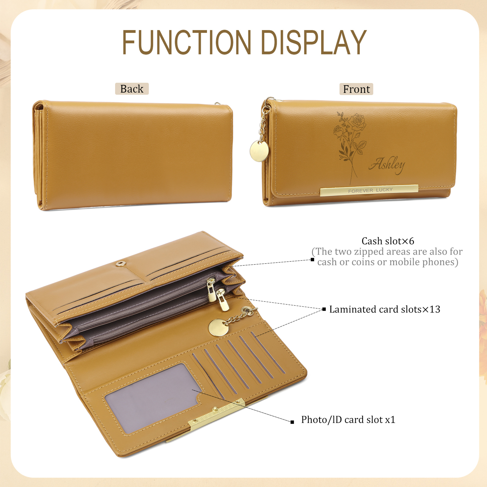 Personalised PU Leather Wallet Birthflower Name Womens Purse Gift for Her