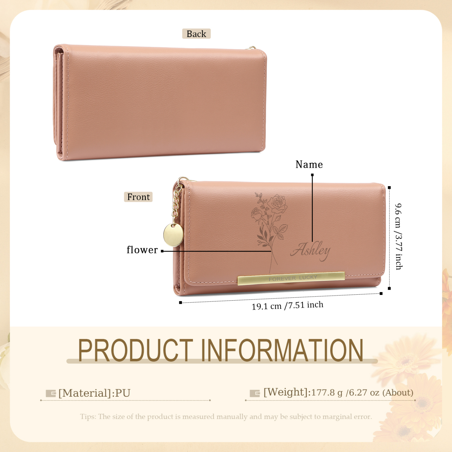 Personalised PU Leather Wallet Birthflower Name Womens Purse Gift for Her