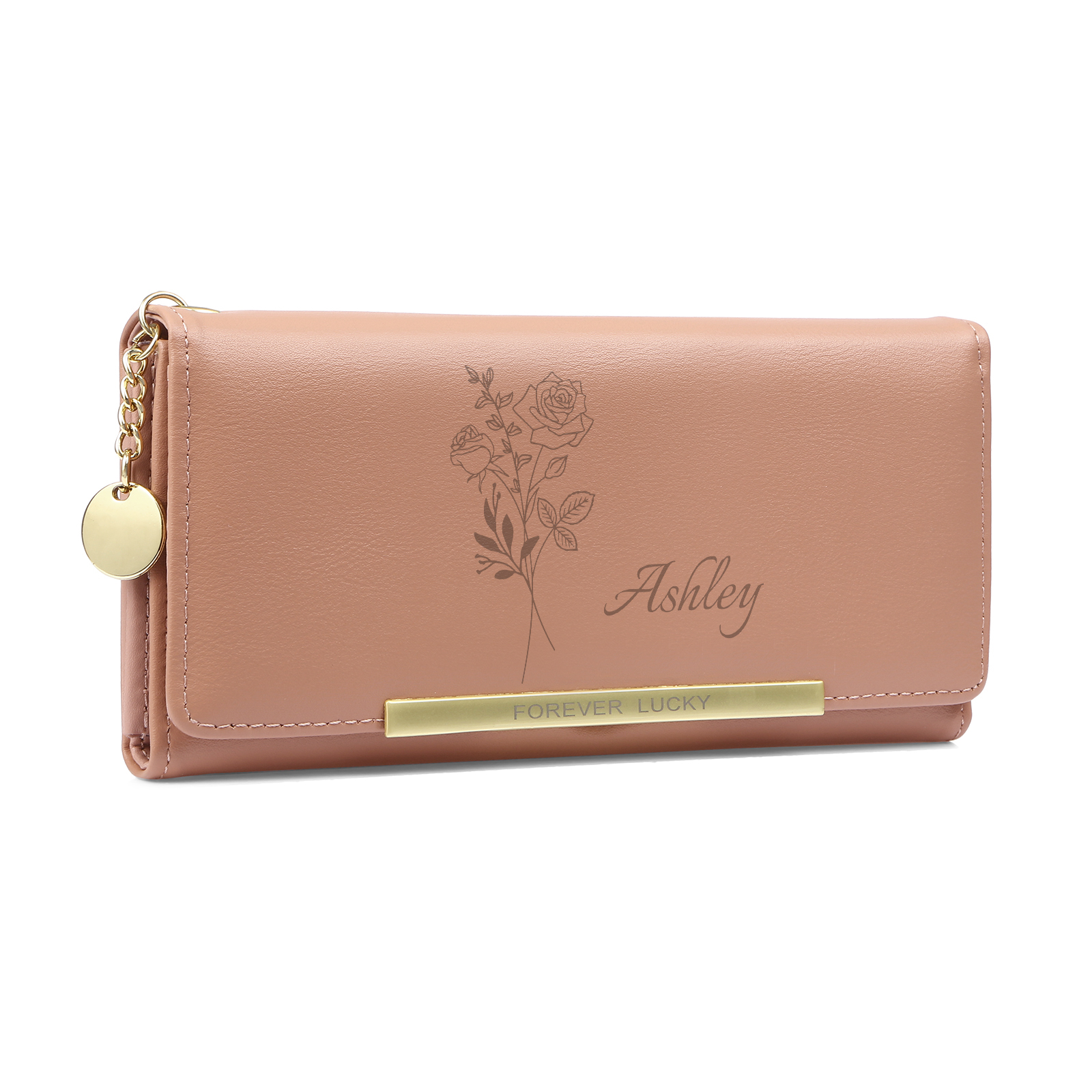 Personalised PU Leather Wallet Birthflower Name Womens Purse Gift for Her