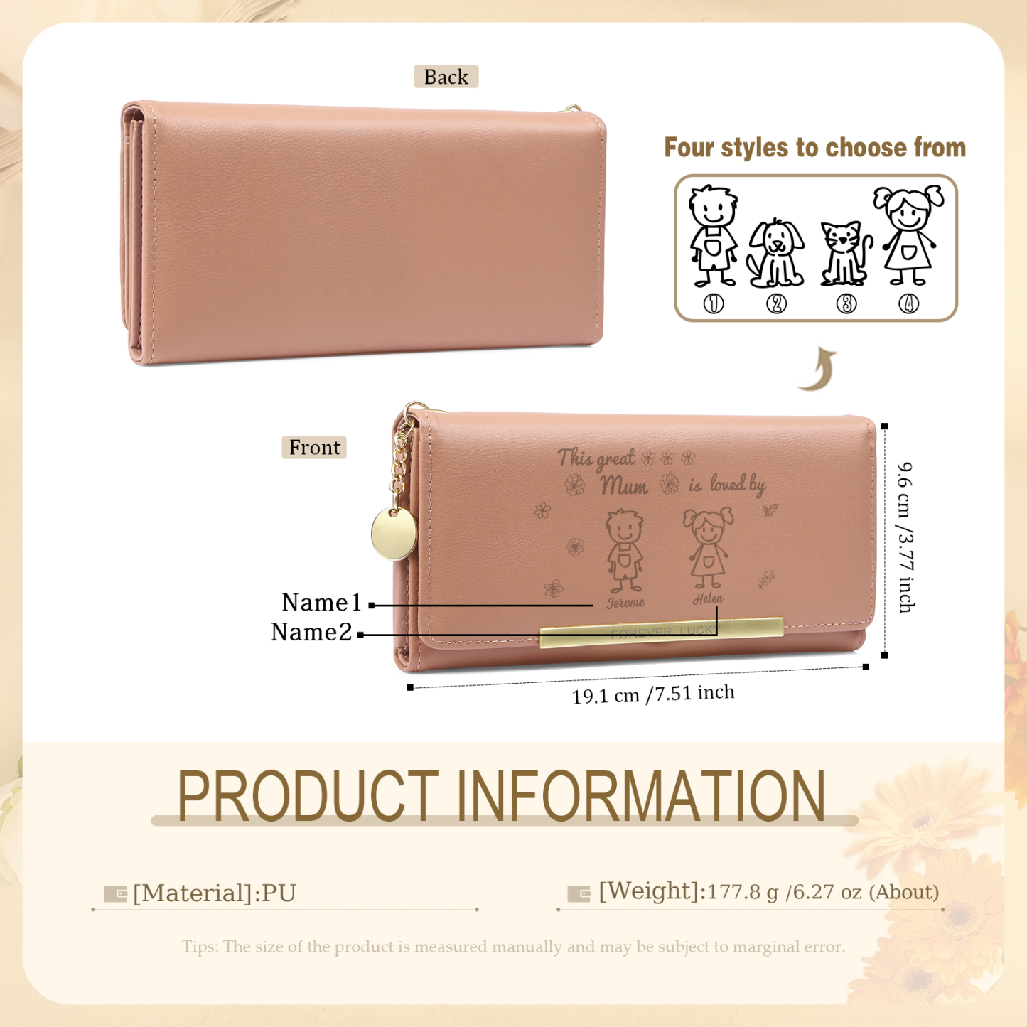 Personalised Women Wallet Purse Leather Custom With 2 Kids/Pets And 2 Names –“This Great Mum Is Loved By"- Mothers' Day Presents For Mum | Jessemade