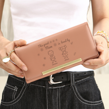 Personalised Women Wallet Purse Leather Custom With 2 Kids/Pets And 2 Names –“This Great Mum Is Loved By"- Mothers' Day Presents For Mum | Jessemade