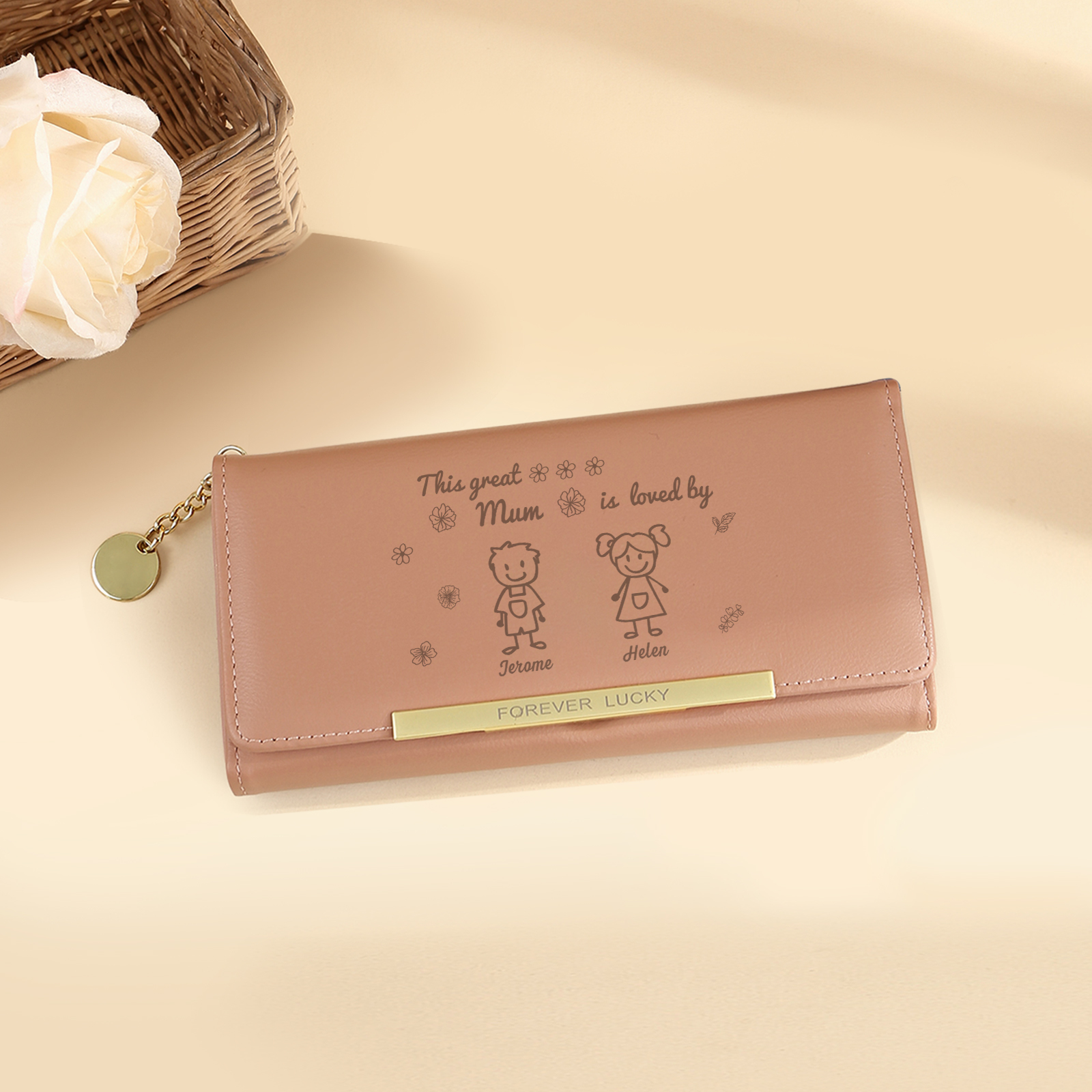 Personalised Women Wallet Purse Leather Custom With 2 Kids/Pets And 2 Names –“This Great Mum Is Loved By"- Mothers' Day Presents For Mum | Jessemade