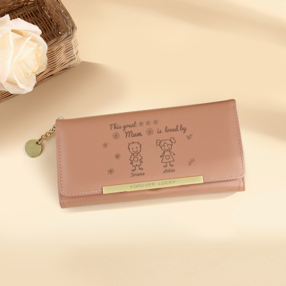 Personalised Women Wallet Purse Leather Custom With 2 Kids/Pets And 2 Names –“This Great Mum Is Loved By"- Mothers' Day Presents For Mum | Jessemade