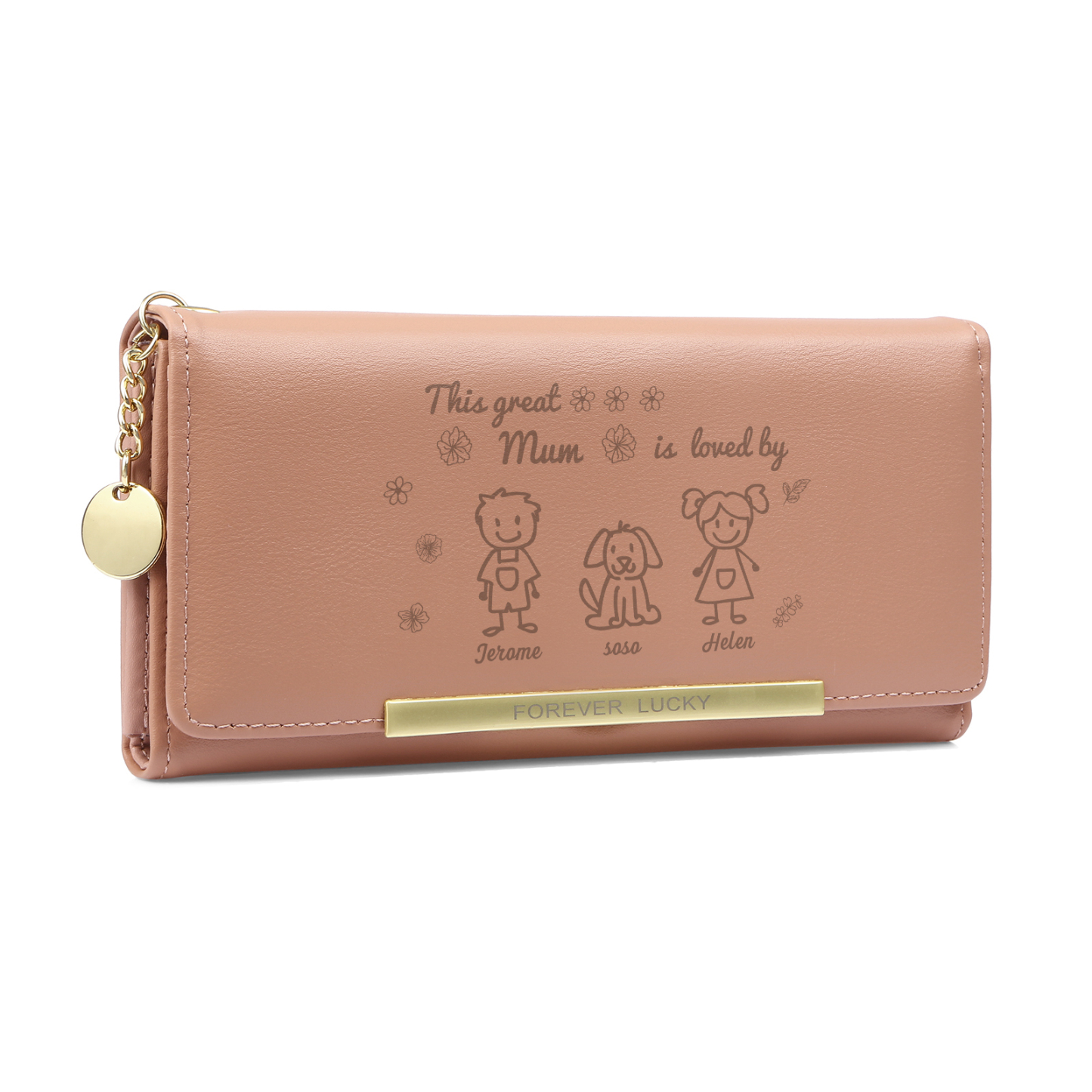 Personalised Women Wallet Purse Leather Custom With 3 Kids/Pets And 3 Names –“This Great Mum Is Loved By"- Mothers' Day Presents For Mum | Jessemade