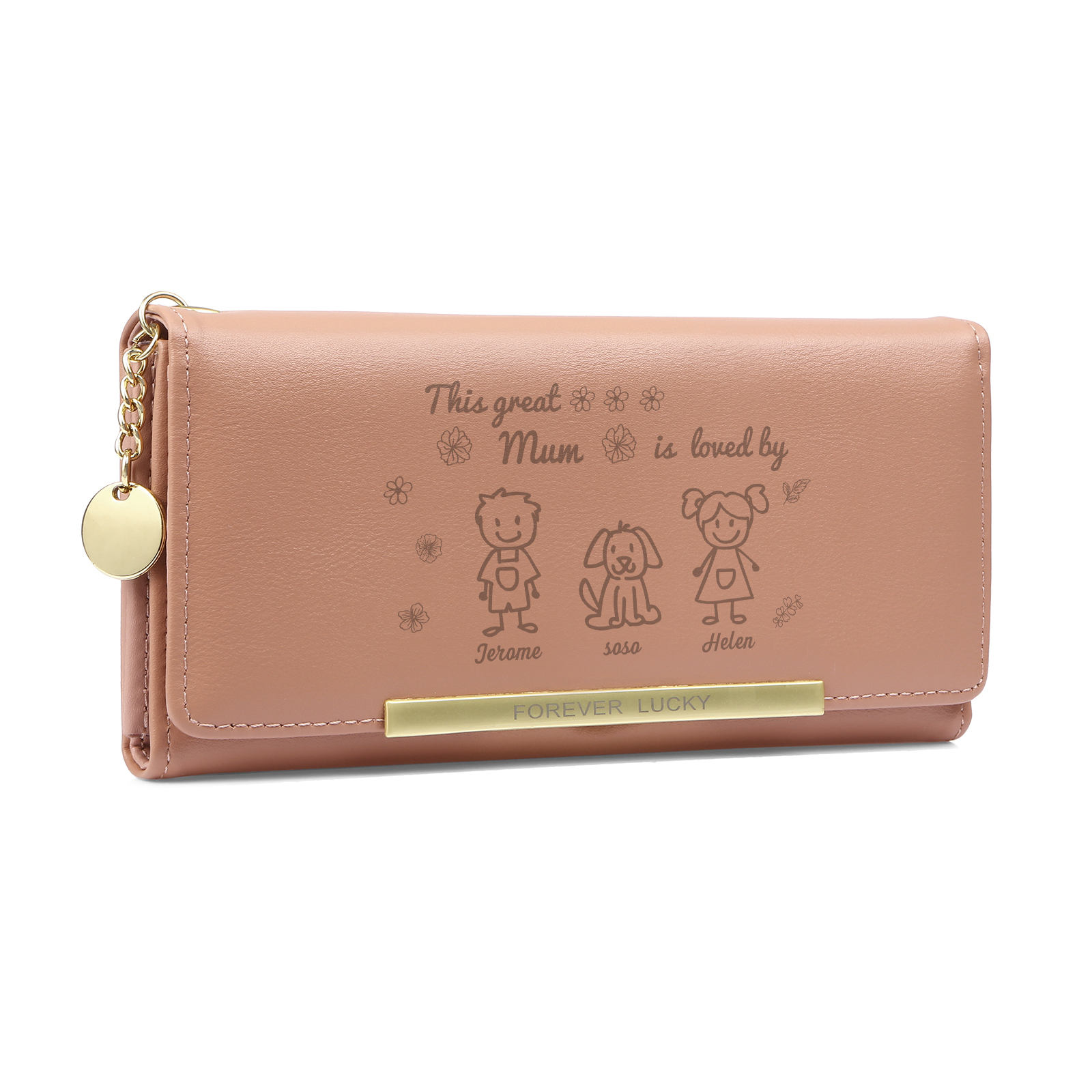 Personalised Women Wallet Purse Leather Custom With 3 Kids/Pets And 3 Names –“This Great Mum Is Loved By"- Mothers' Day Presents For Mum | Jessemade