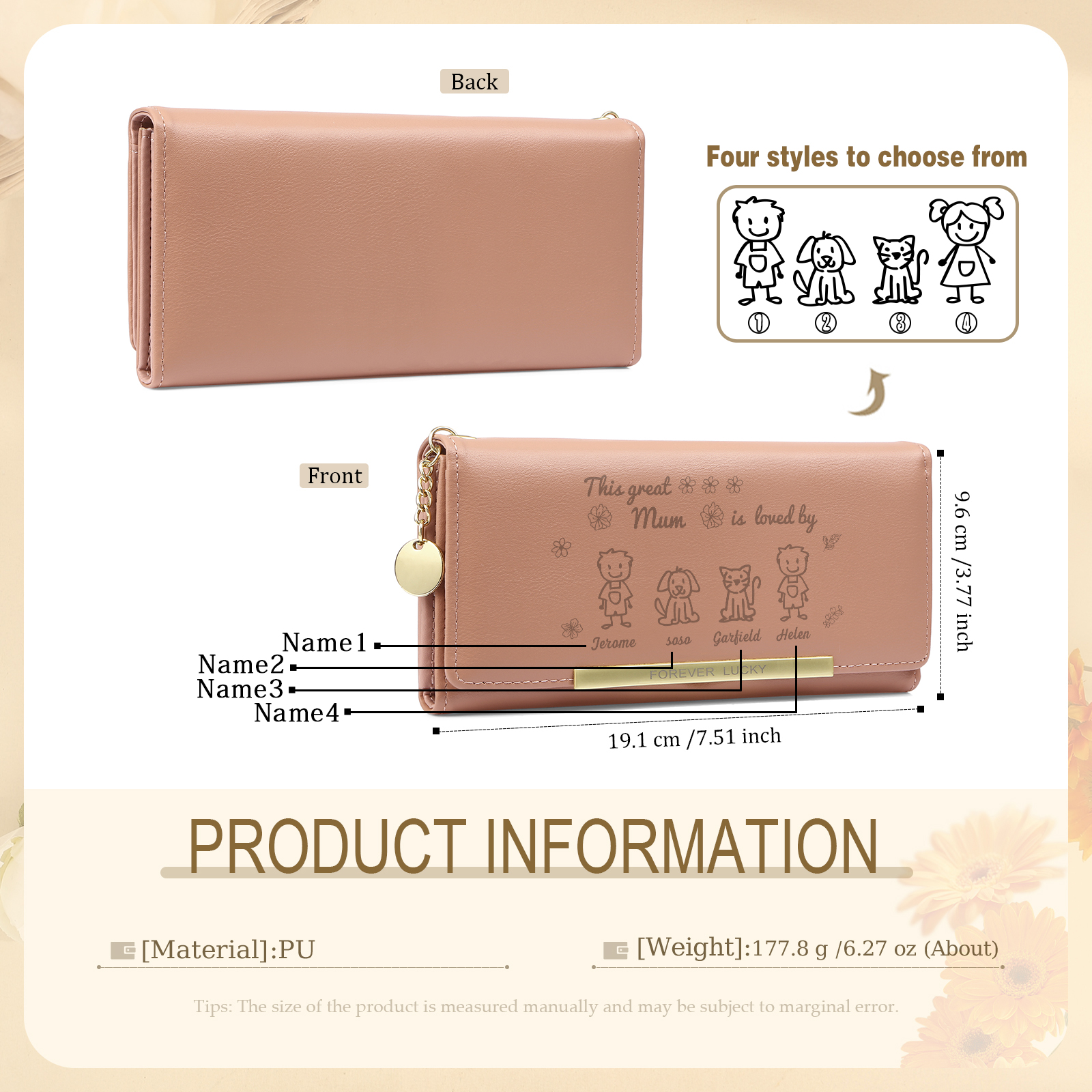 Personalised Women Wallet Purse Leather Custom With 4 Kids/Pets And 4 Names –“This Great Mum Is Loved By"- Mothers' Day Presents For Mum | Jessemade