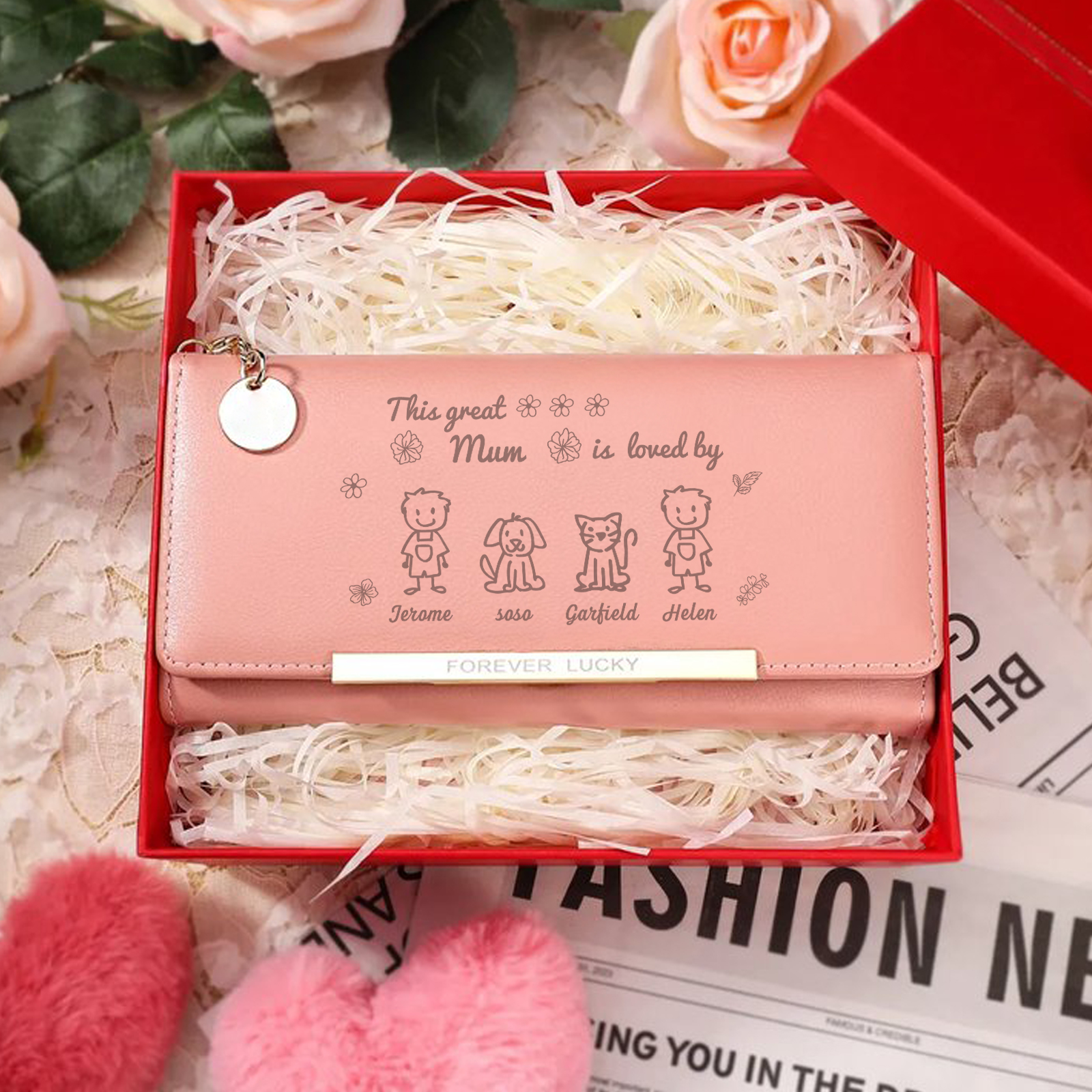 Personalised Women Wallet Purse Leather Custom With 4 Kids/Pets And 4 Names –“This Great Mum Is Loved By"- Mothers' Day Presents For Mum | Jessemade