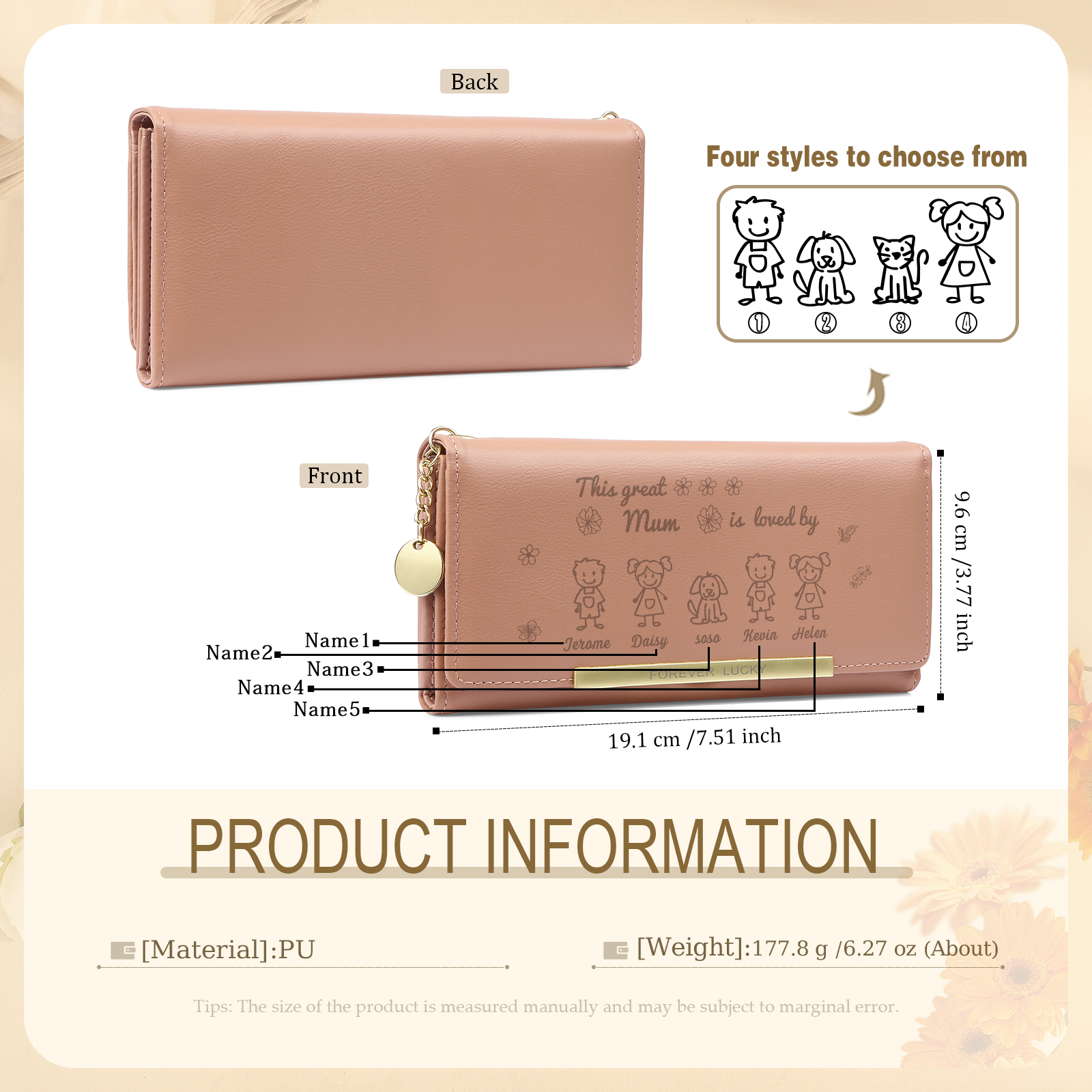 Personalised Women Wallet Purse Leather Custom With 5 Kids/Pets And 5 Names –“This Great Mum Is Loved By"- Mothers' Day Presents For Mum | Jessemade