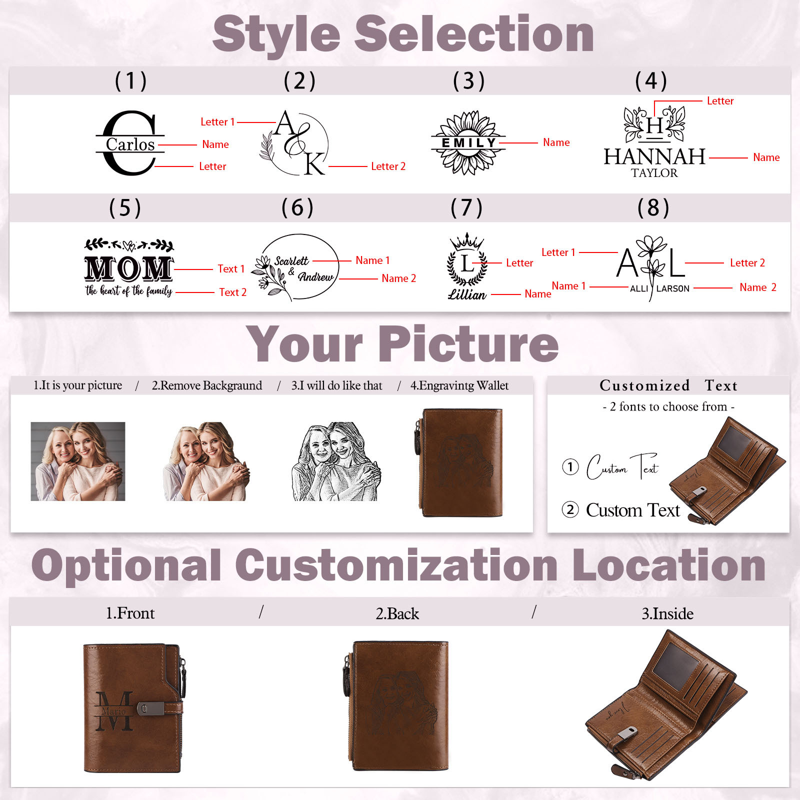 Personalised PU Leather Wallet with Photo & Name Engraving for Women | Jessemade