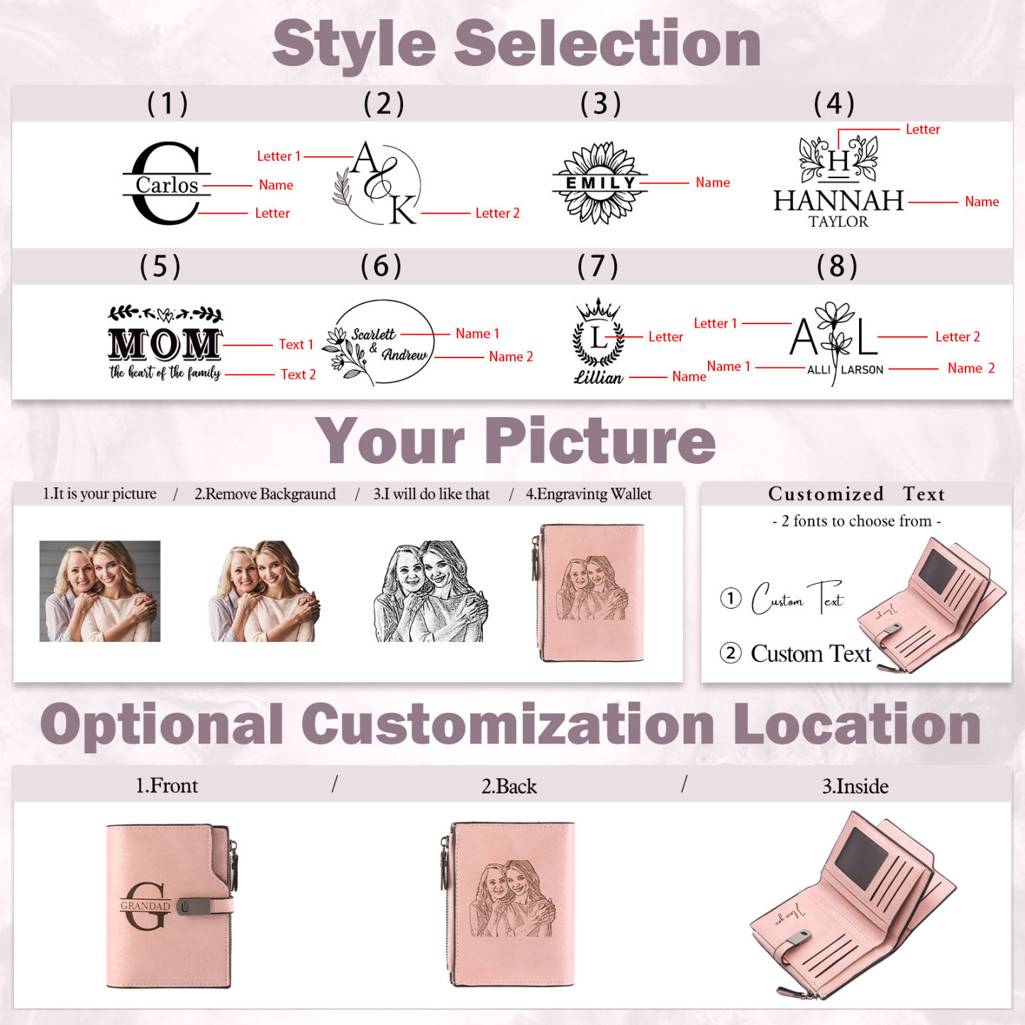 Personalised PU Leather Wallet with Photo & Name Engraving for Women | Jessemade