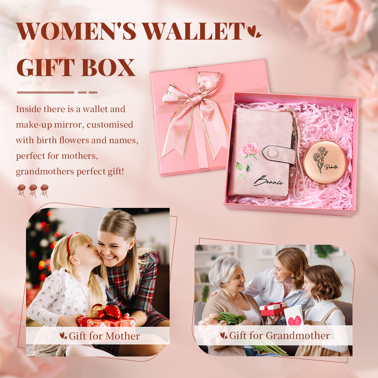 2PCS Gift Set For Mum - Personalised Women's Wallet Compact Mirror Gift Set, Custom Name & Birthday Flower Wallet for Her | Jessemade
