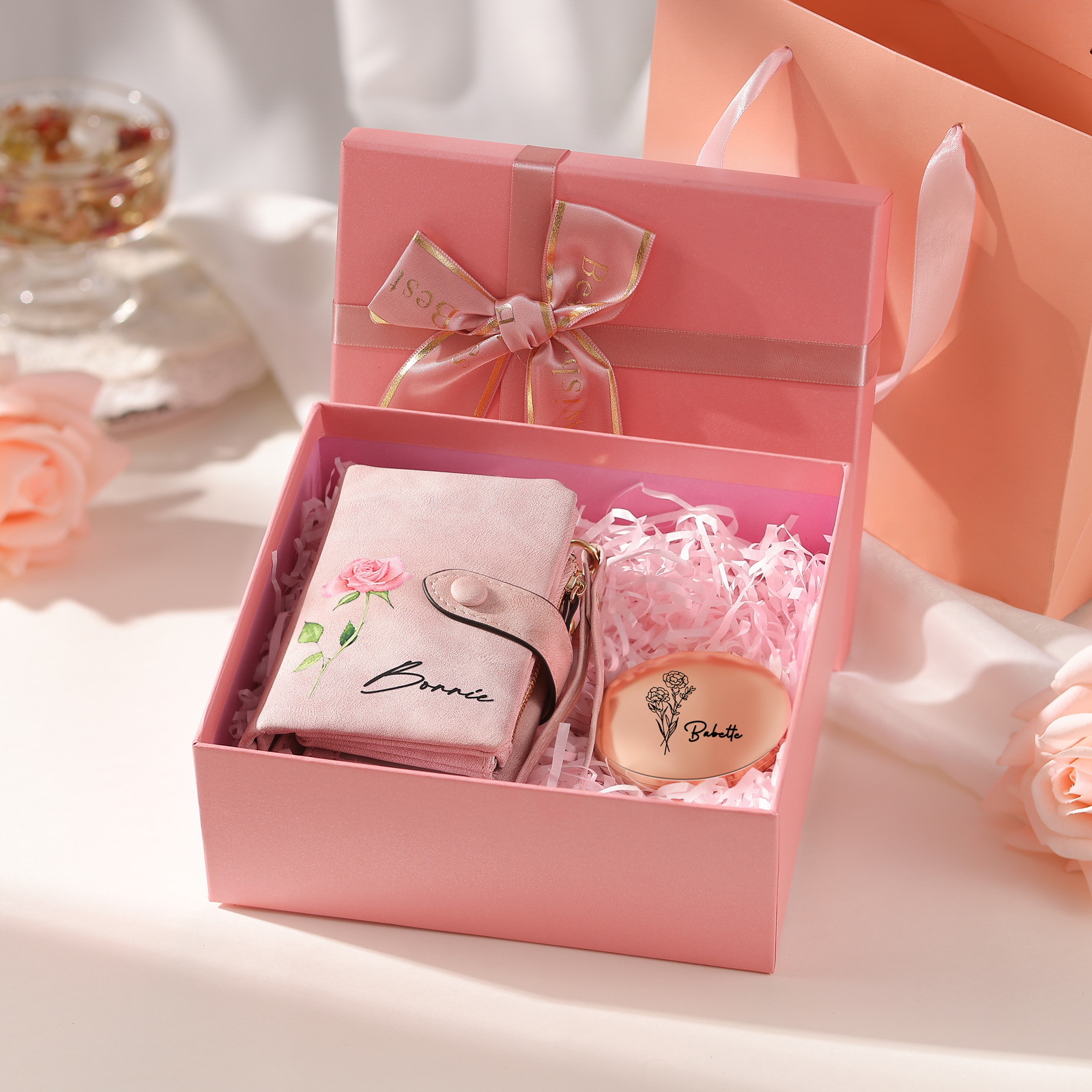 2PCS Gift Set For Mum - Personalised Women's Wallet Compact Mirror Gift Set, Custom Name & Birthday Flower Wallet for Her | Jessemade