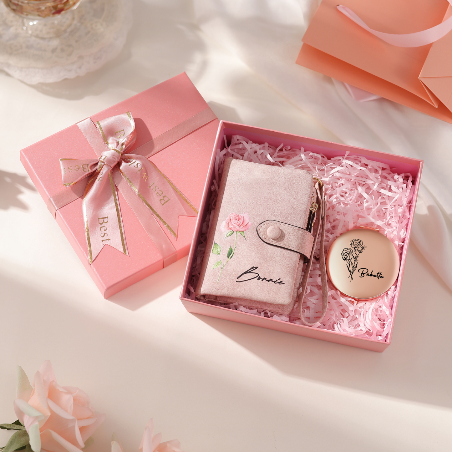 2PCS Gift Set For Mum - Personalised Women's Wallet Compact Mirror Gift Set, Custom Name & Birthday Flower Wallet for Her | Jessemade