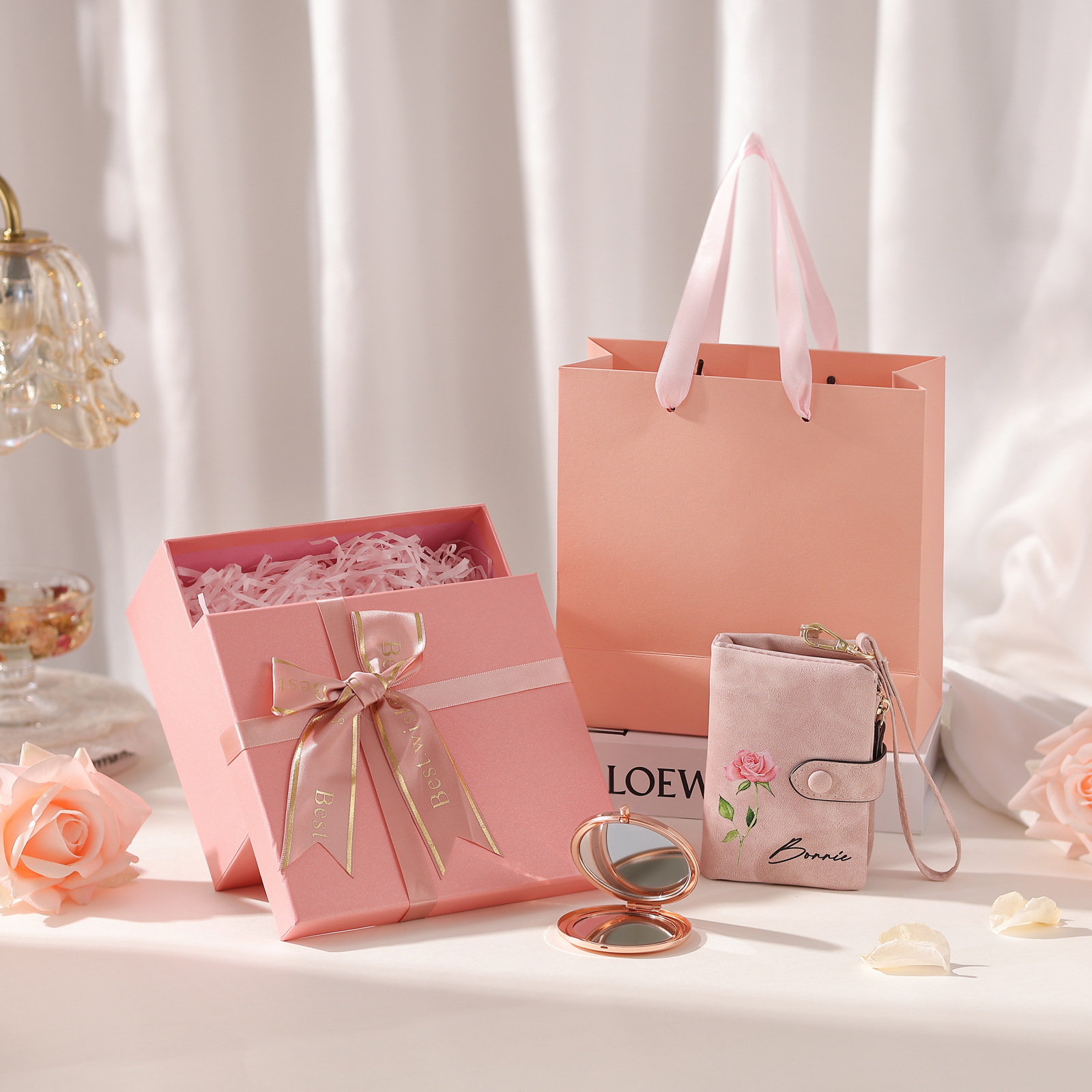 2PCS Gift Set For Mum - Personalised Women's Wallet Compact Mirror Gift Set, Custom Name & Birthday Flower Wallet for Her | Jessemade