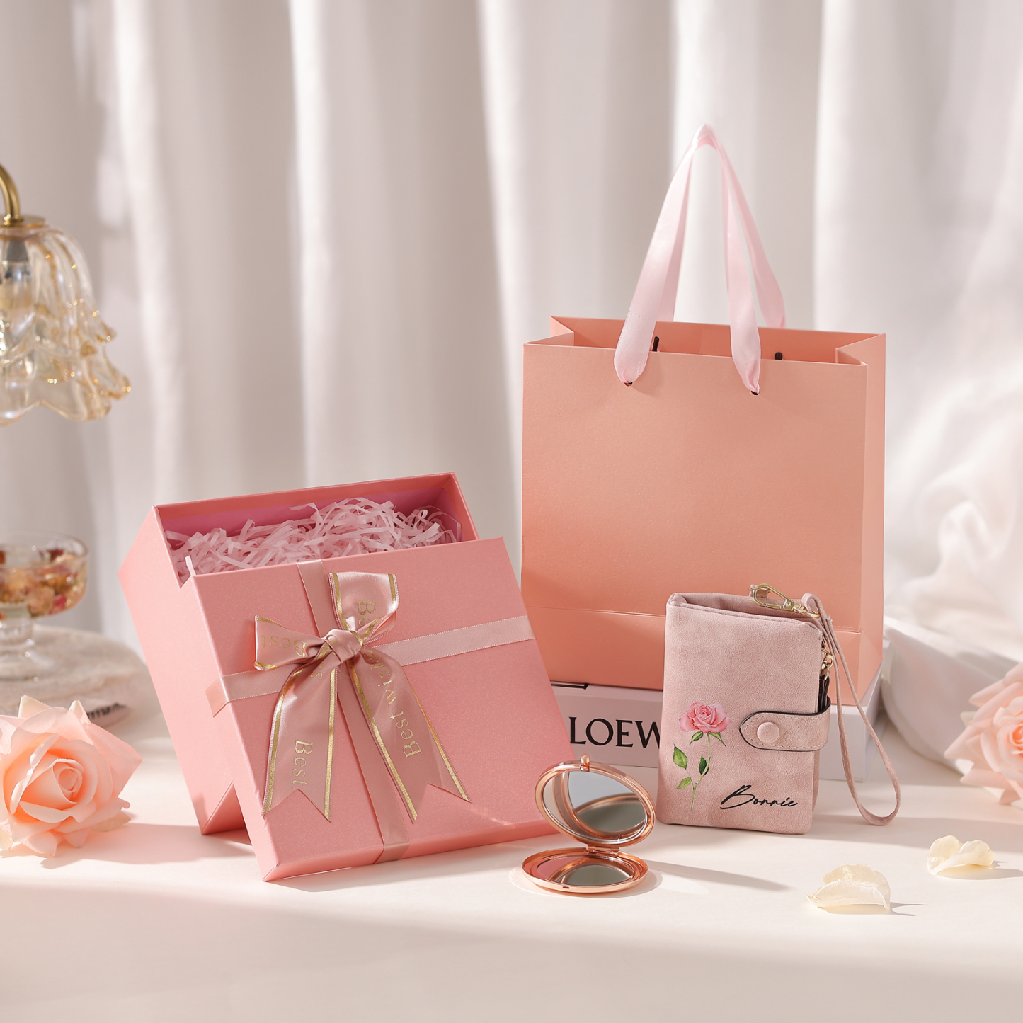 2PCS Gift Set For Mum - Personalised Women's Wallet Compact Mirror Gift Set, Custom Name & Birthday Flower Wallet for Her | Jessemade