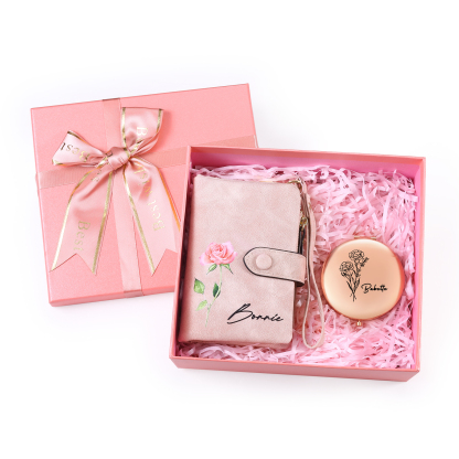 Personalised Wallet & Compact Mirror Gift Set – Custom Name & Birth Flower | Jessemade