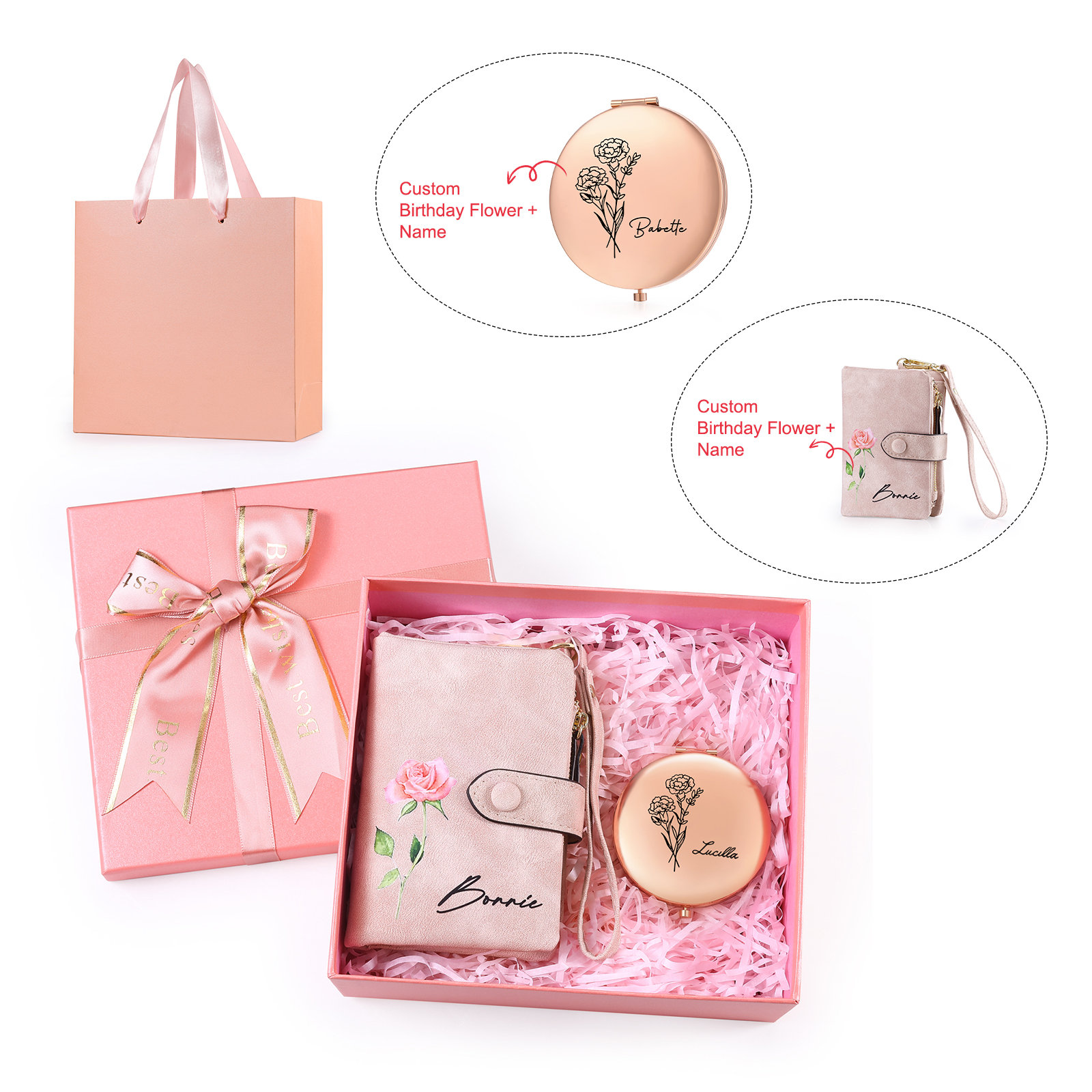 2PCS Gift Set For Mum - Personalised Women's Wallet Compact Mirror Gift Set, Custom Name & Birthday Flower Wallet for Her | Jessemade