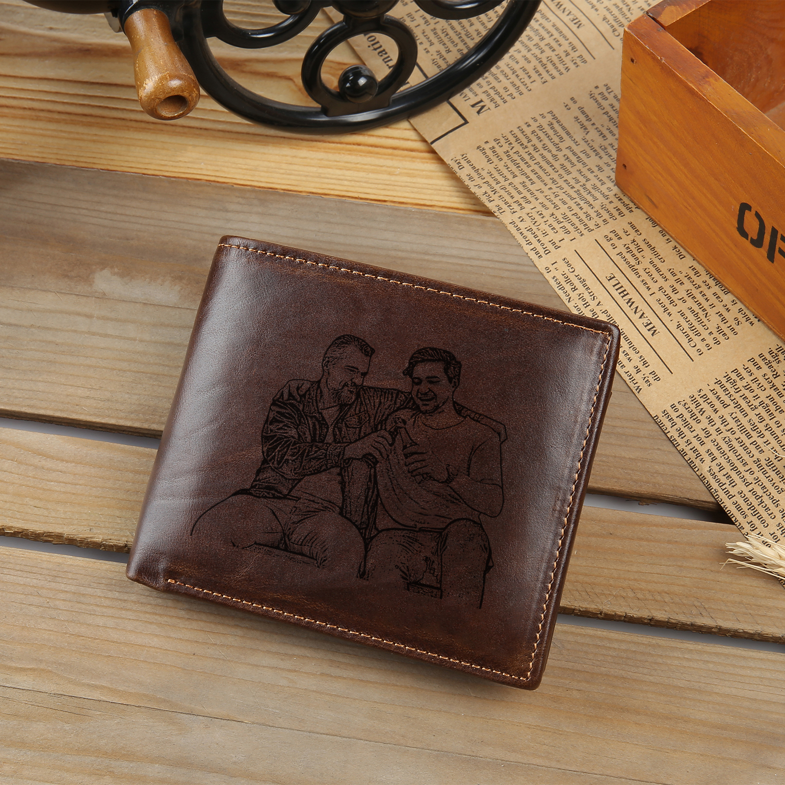 Personalised Leather Wallet for Men – Custom 1 Photo & 1 Name Engravin