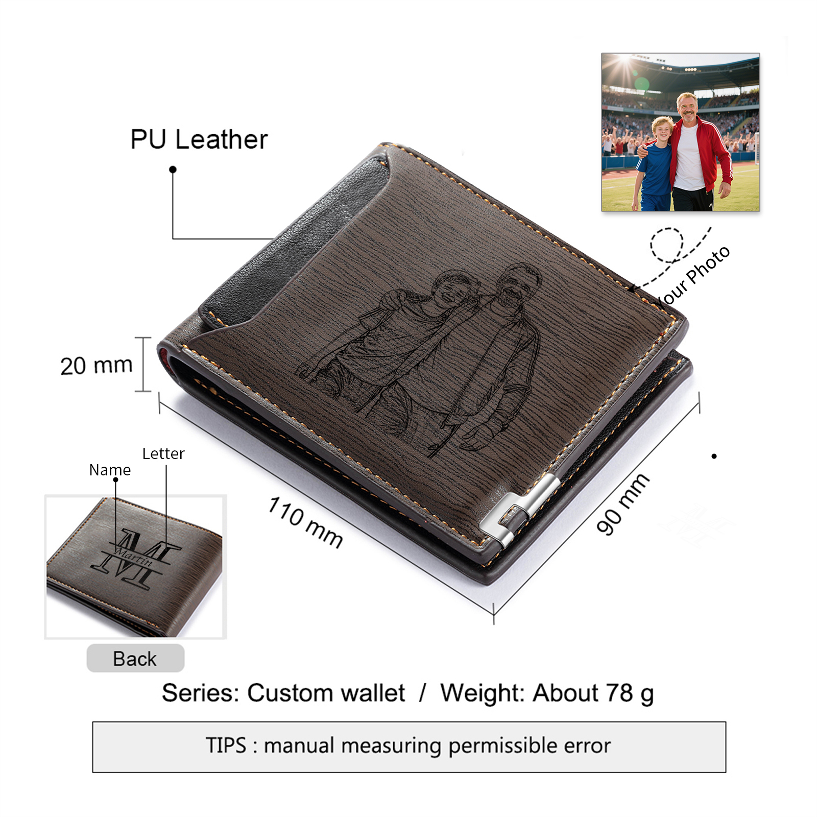 Personalised Leather Wallet for Men – Custom 1 Photo & 1 Name Engraving | Jessemade