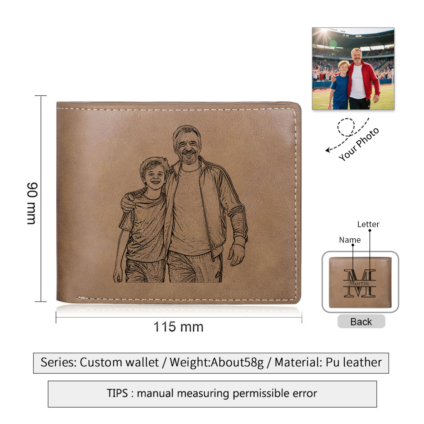 Personalised Leather Wallet for Men – Custom 1 Photo & 1 Name Engraving | Jessemade