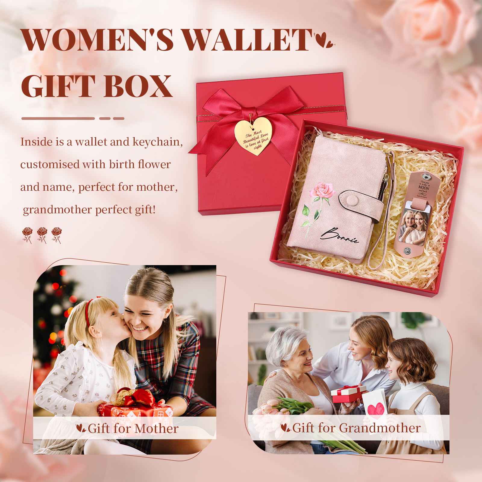 2PCS Gift Set For Mum - Personalised Women's Wallet Keychain Gift Set, Custom Name & Birth Flower Wallet for Her | Jessemade