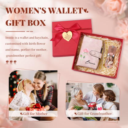2PCS Gift Set For Mum - Personalised Women's Wallet Keychain Gift Set, Custom Name & Birth Flower Wallet for Her | Jessemade