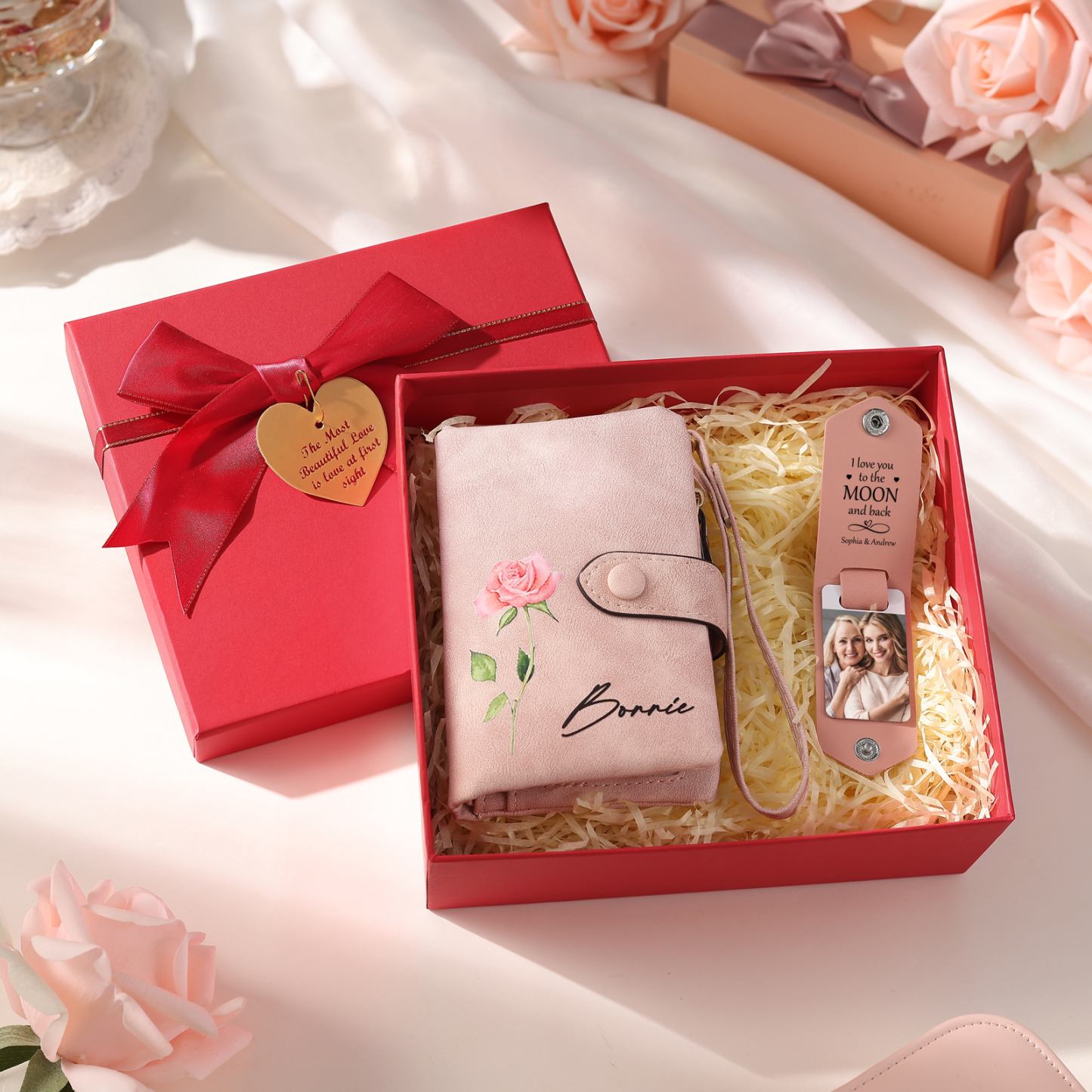 2PCS Gift Set For Mum - Personalised Women's Wallet Keychain Gift Set, Custom Name & Birth Flower Wallet for Her | Jessemade