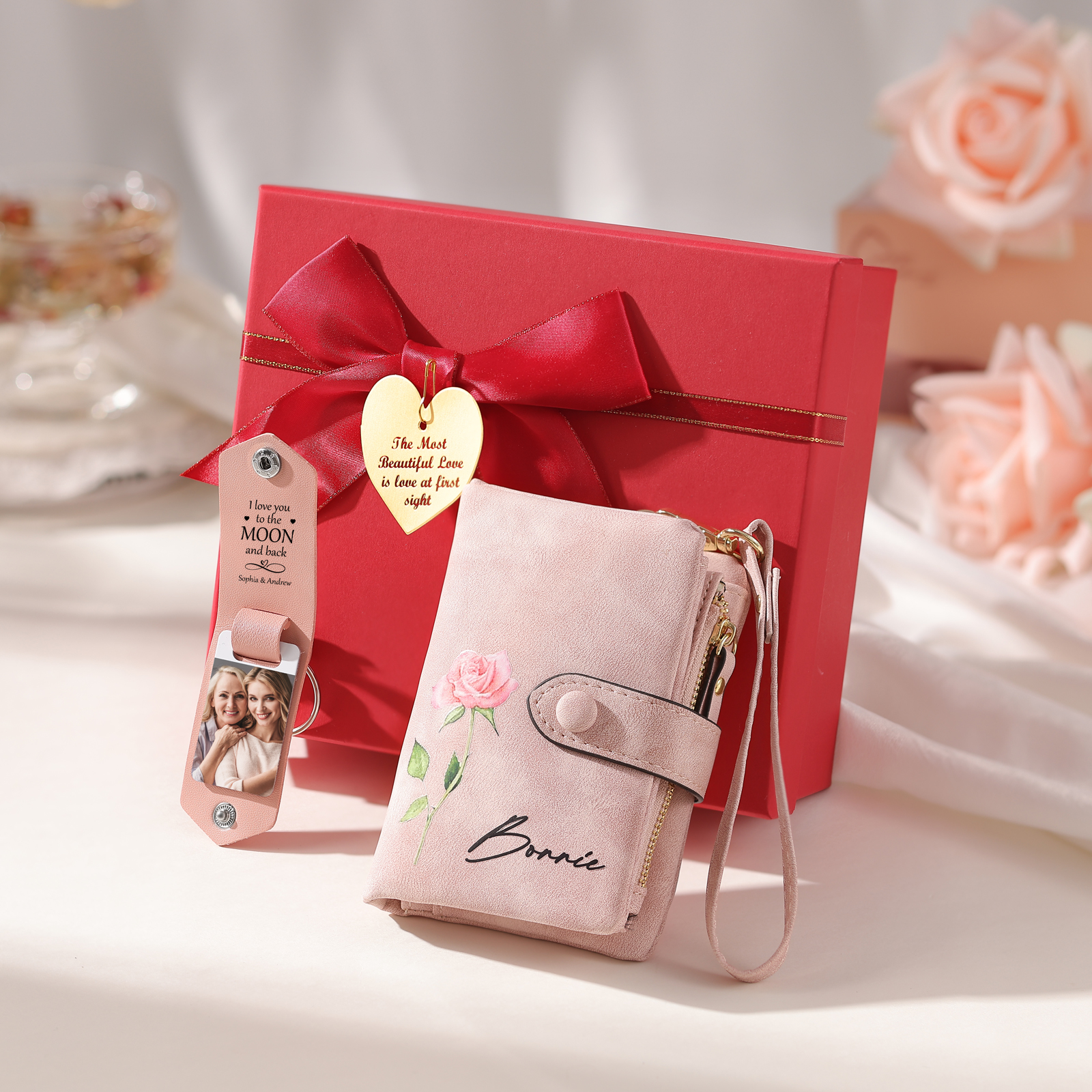 2PCS Gift Set For Mum - Personalised Women's Wallet Keychain Gift Set, Custom Name & Birth Flower Wallet for Her | Jessemade