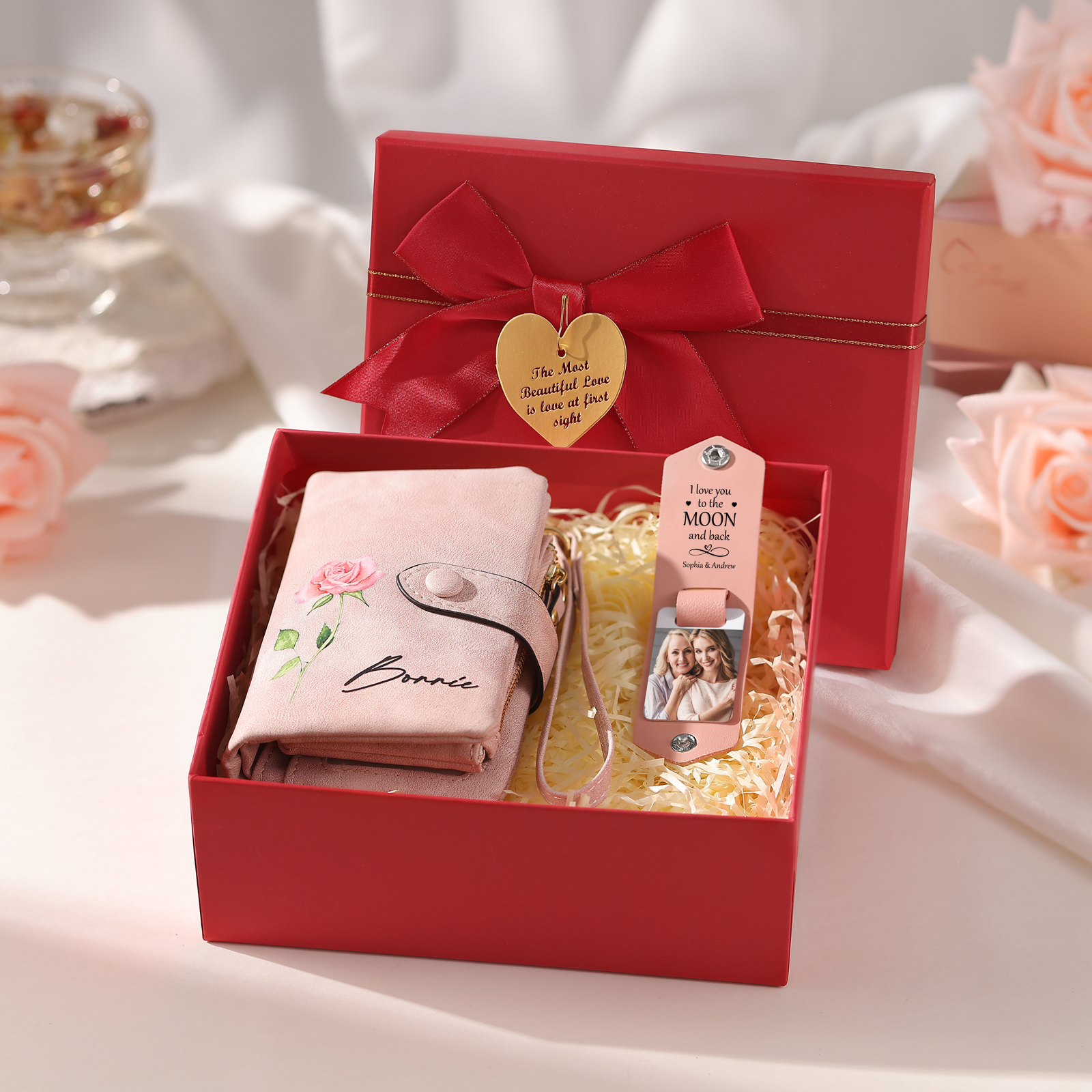 2PCS Gift Set For Mum - Personalised Women's Wallet Keychain Gift Set, Custom Name & Birth Flower Wallet for Her | Jessemade