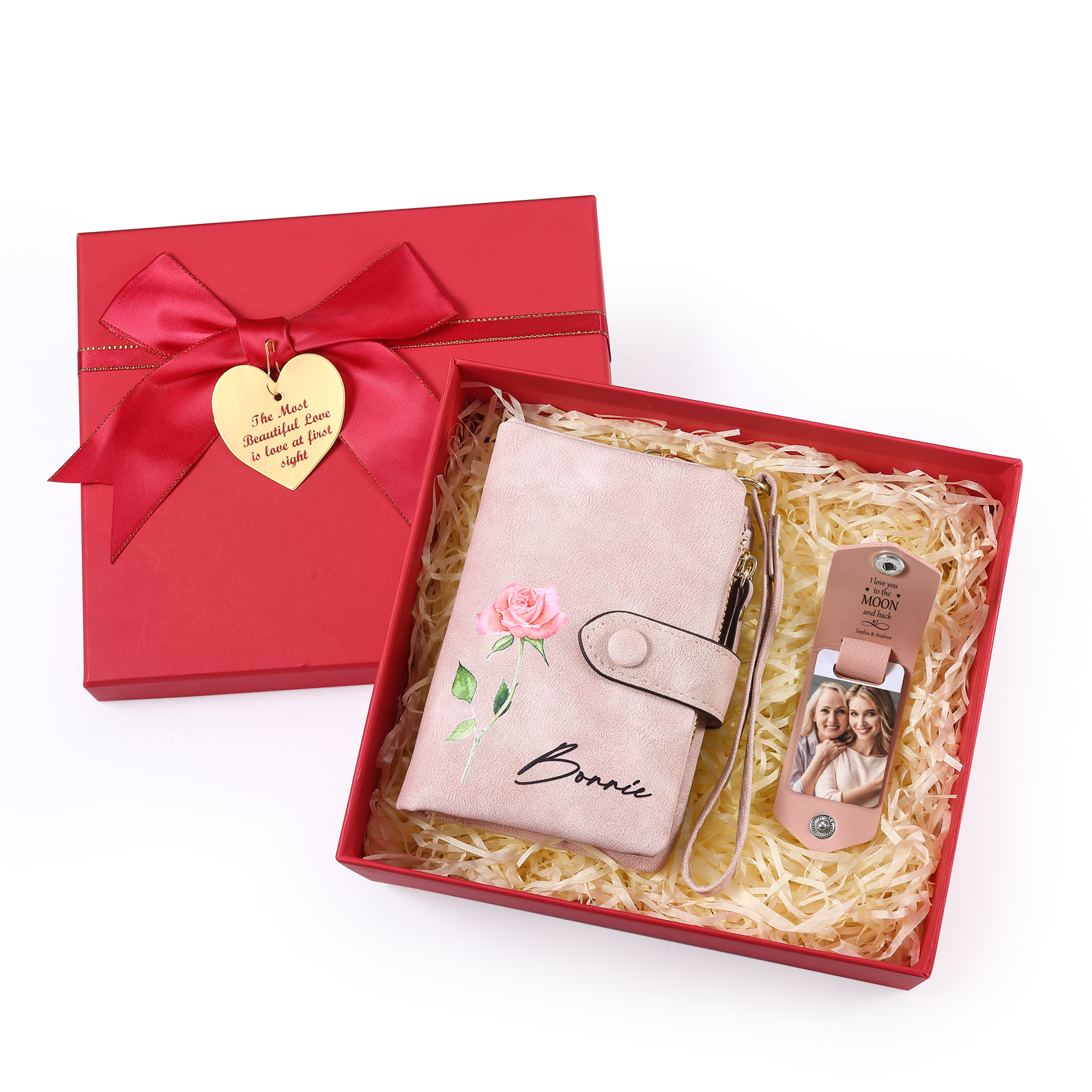 2PCS Gift Set For Mum - Personalised Women's Wallet Keychain Gift Set, Custom Name & Birth Flower Wallet for Her | Jessemade
