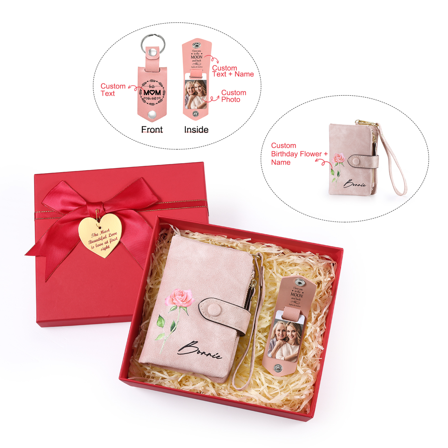 2PCS Gift Set For Mum - Personalised Women's Wallet Keychain Gift Set, Custom Name & Birth Flower Wallet for Her | Jessemade