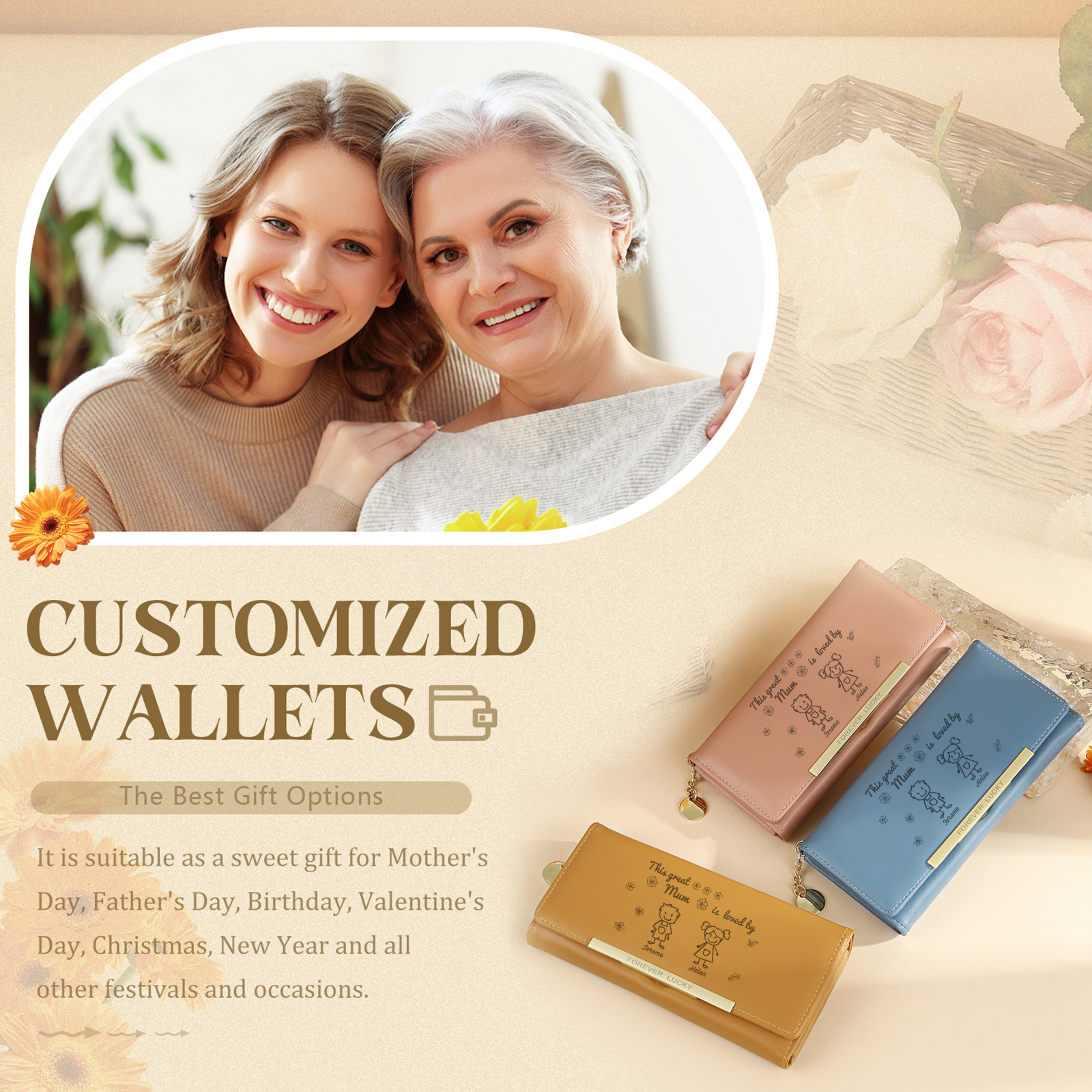 Personalised Women Wallet Purse Leather Custom With 2 Kids/Pets And 2 Names –“This Great Mum Is Loved By"- Mothers' Day Presents For Mum | Jessemade
