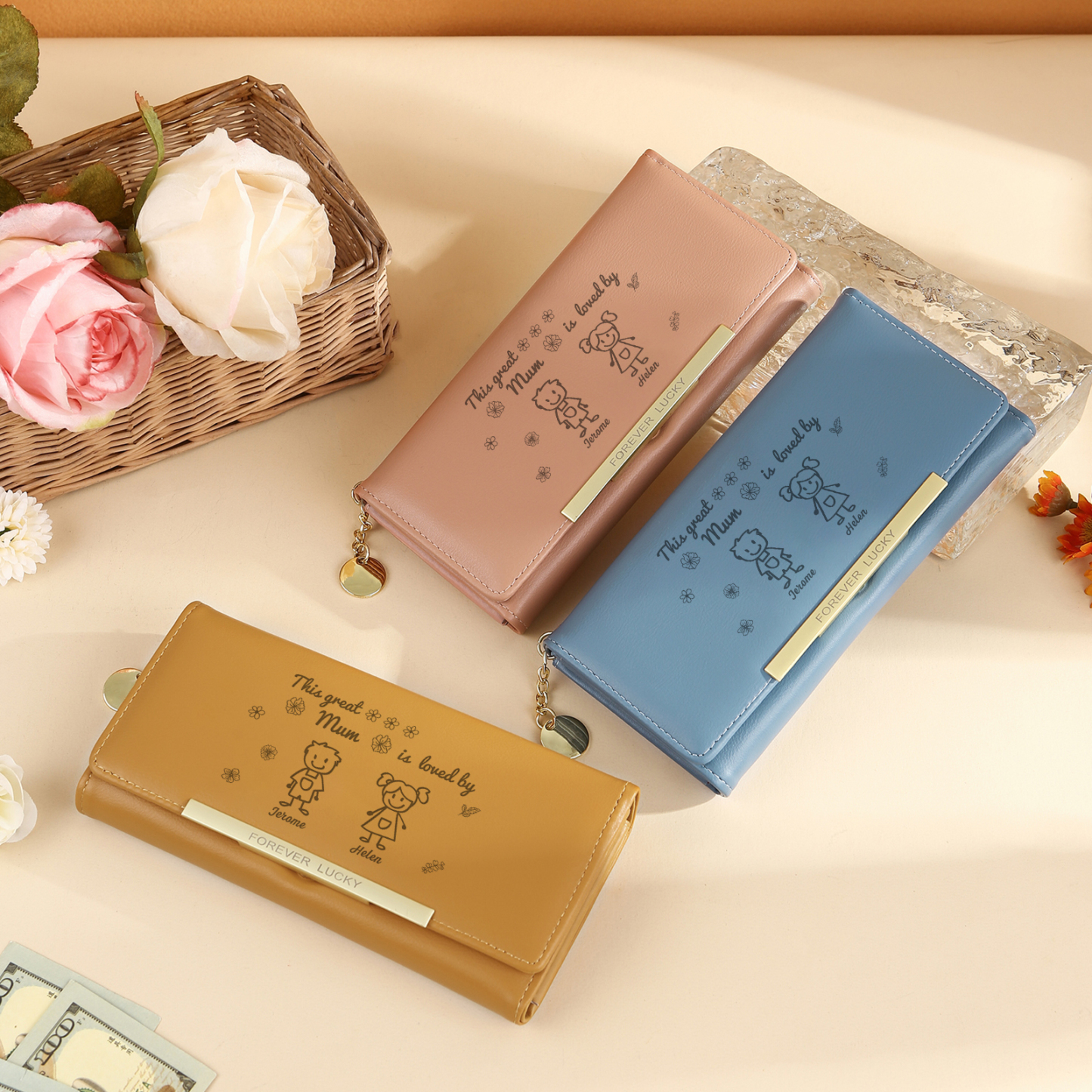 Personalised Women Wallet Purse Leather Custom With 2 Kids/Pets And 2 Names –“This Great Mum Is Loved By"- Mothers' Day Presents For Mum | Jessemade
