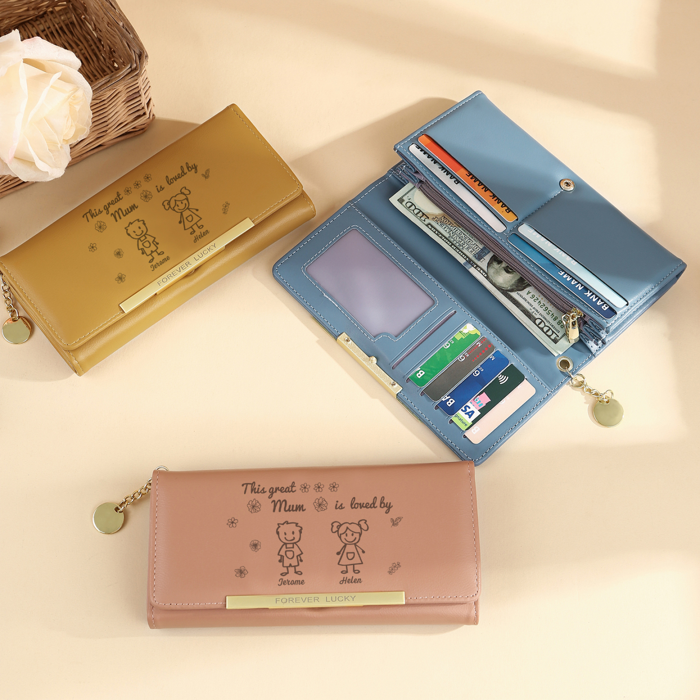 Personalised Women Wallet Purse Leather Custom With 2 Kids/Pets And 2 Names –“This Great Mum Is Loved By"- Mothers' Day Presents For Mum | Jessemade