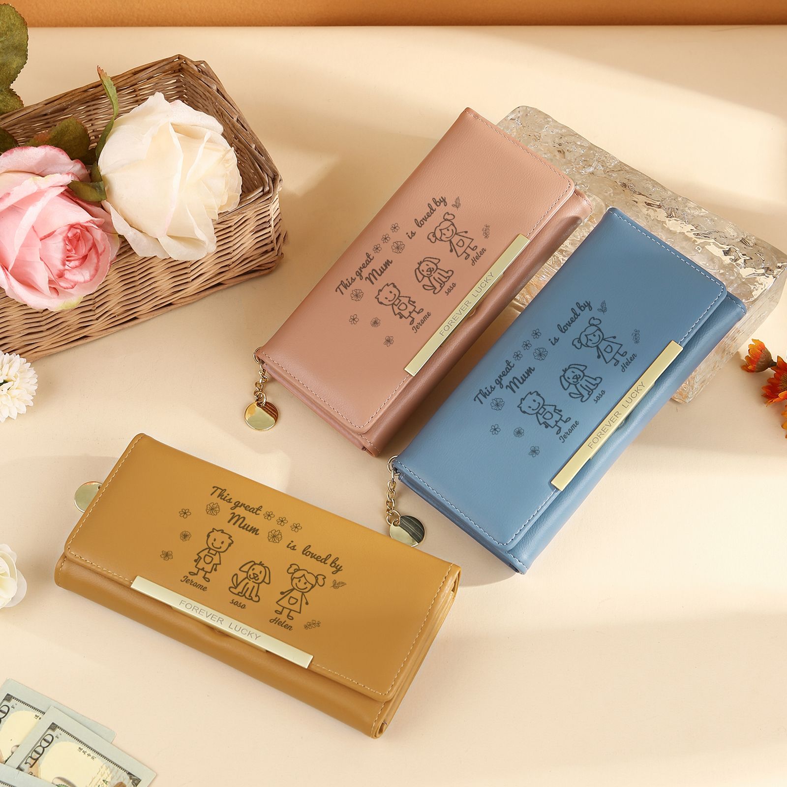 Personalised Women Wallet Purse Leather Custom With 3 Kids/Pets And 3 Names –“This Great Mum Is Loved By"- Mothers' Day Presents For Mum | Jessemade