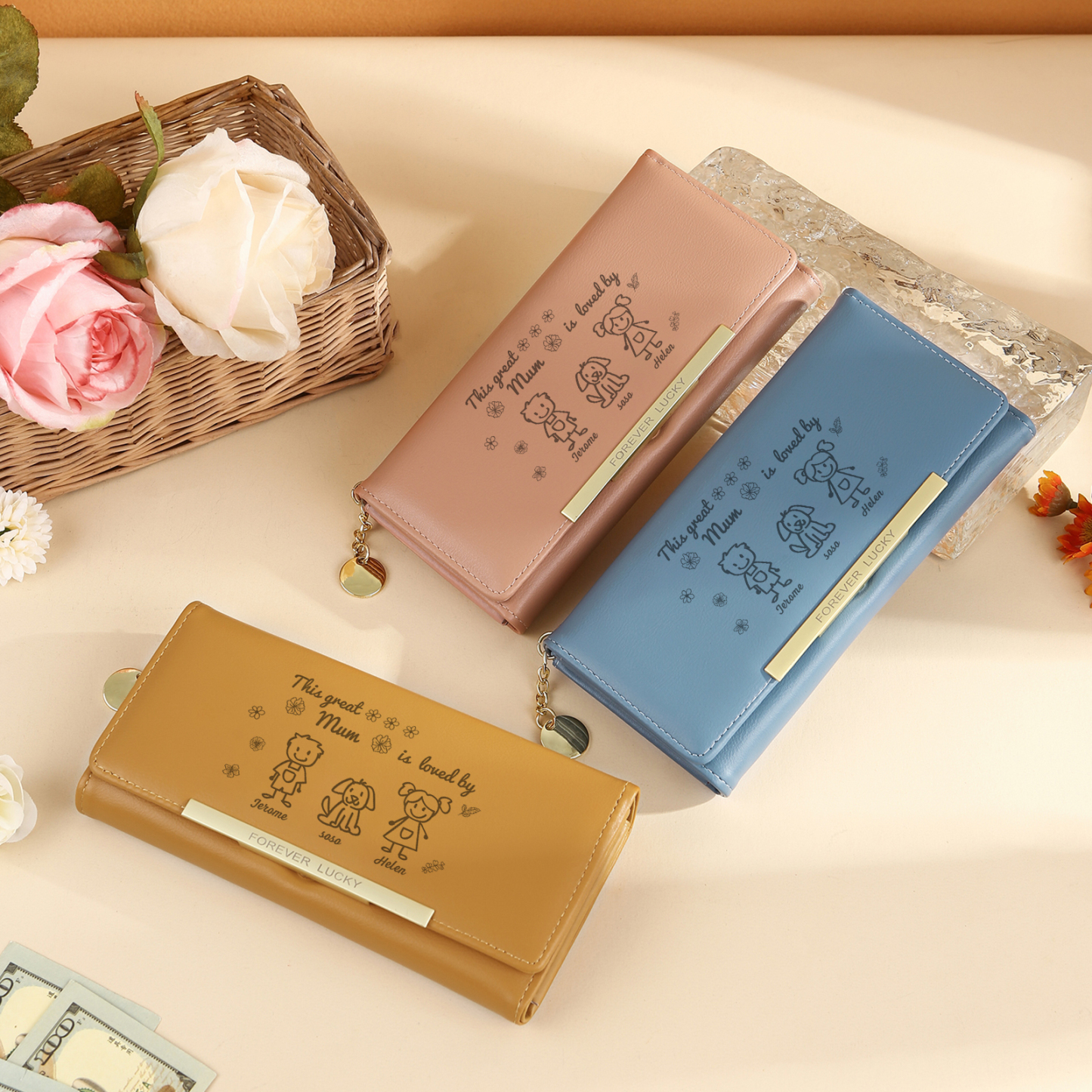 Personalised Women Wallet Purse Leather Custom With 3 Kids/Pets And 3 Names –“This Great Mum Is Loved By"- Mothers' Day Presents For Mum | Jessemade