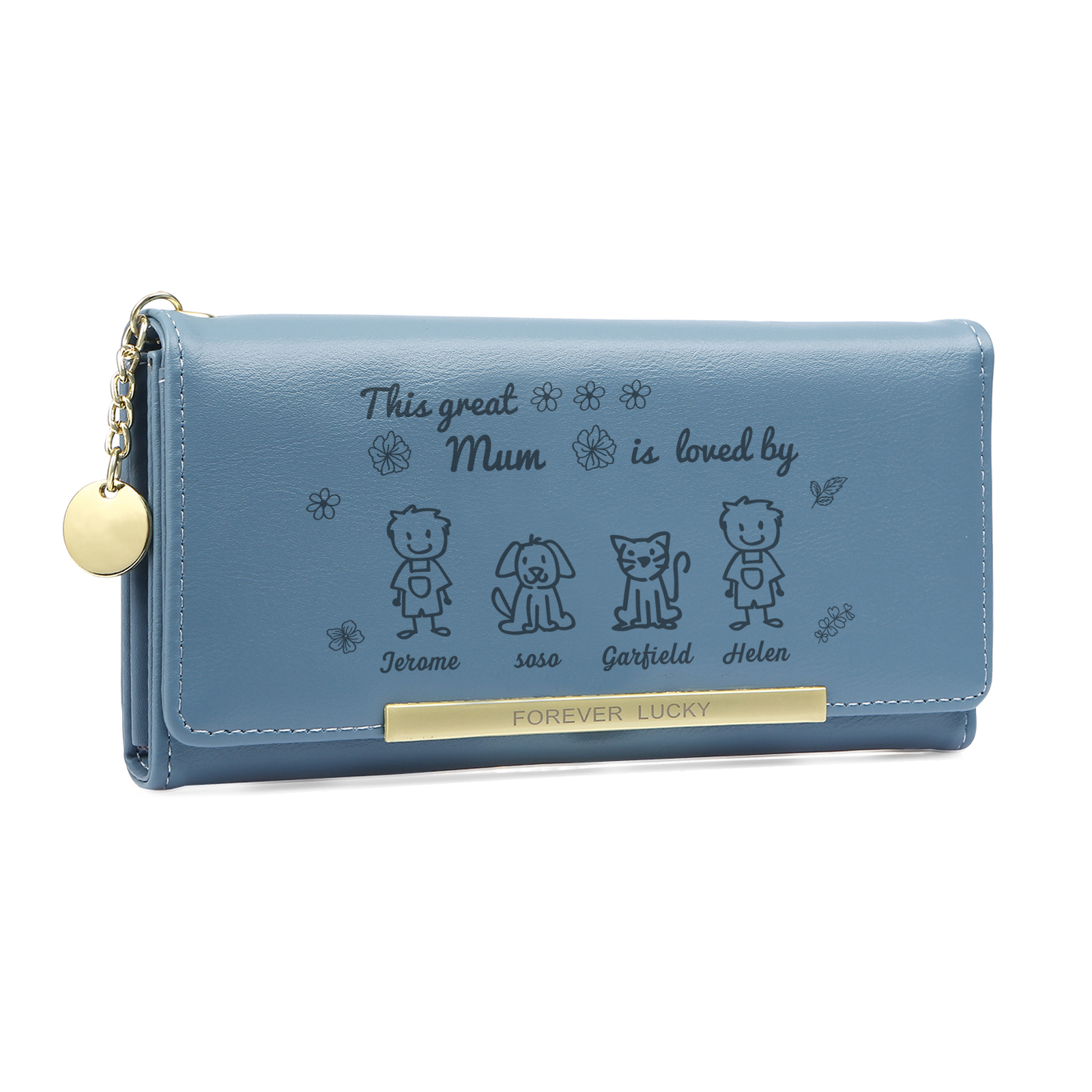 Personalised Women Wallet Purse Leather Custom With 4 Kids/Pets And 4 Names –“This Great Mum Is Loved By"- Mothers' Day Presents For Mum | Jessemade
