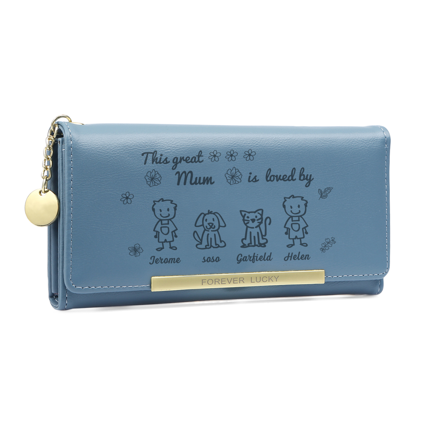 Personalised Women Wallet Purse Leather Custom With 4 Kids/Pets And 4 Names –“This Great Mum Is Loved By"- Mothers' Day Presents For Mum | Jessemade