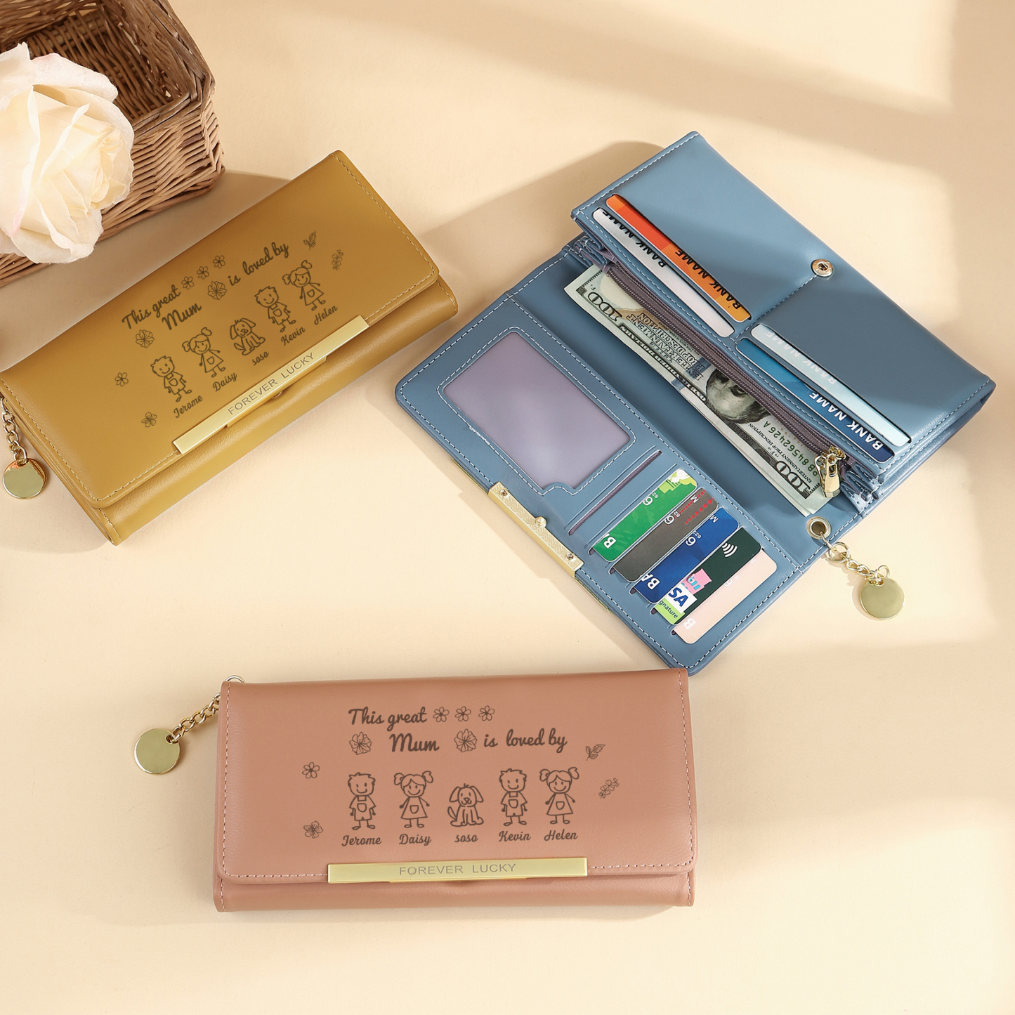 Personalised Women Wallet Purse Leather Custom With 5 Kids/Pets And 5 Names –“This Great Mum Is Loved By"- Mothers' Day Presents For Mum | Jessemade