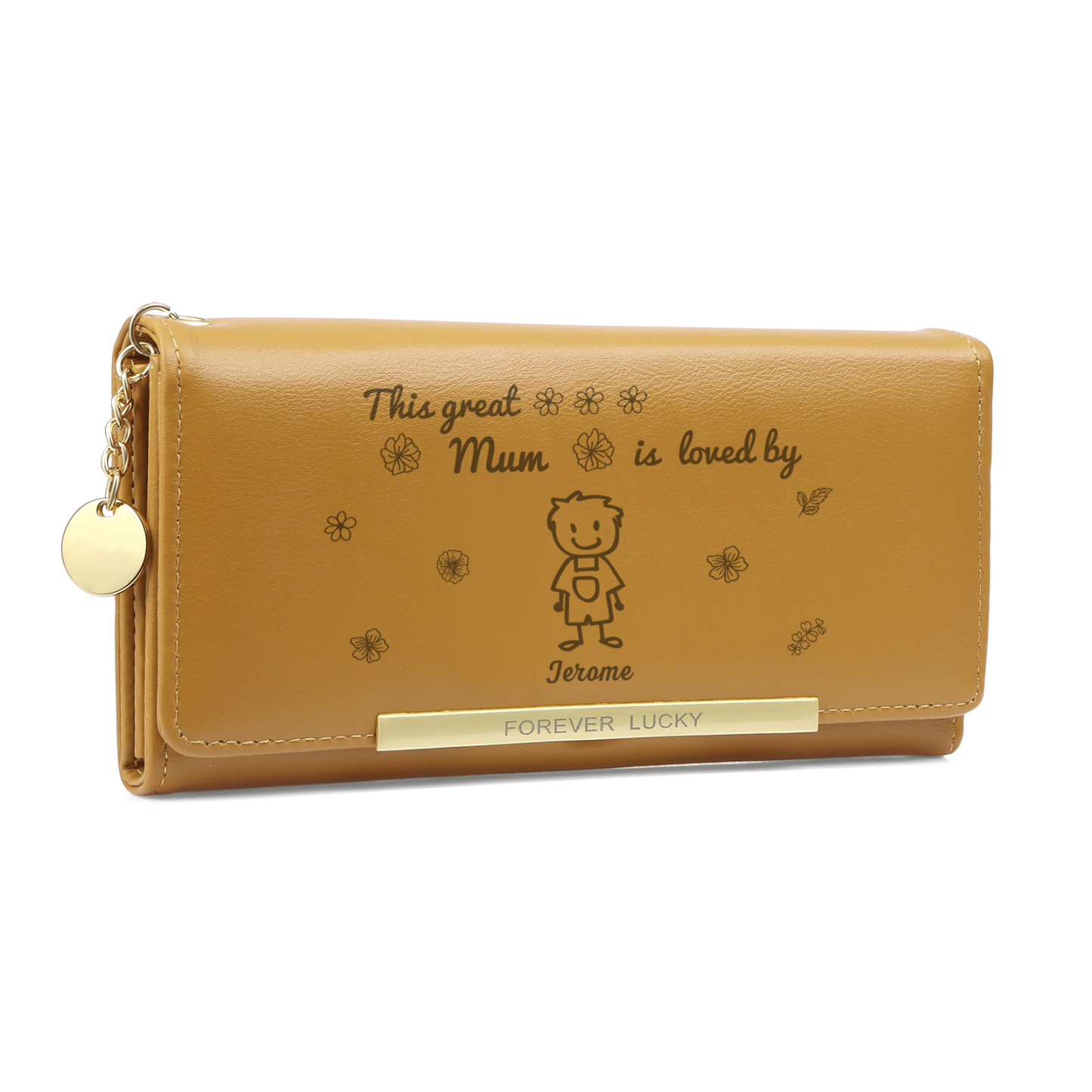 Personalised Women Wallet Purse Leather Custom With 1 Kid/Pet And 1 Name –“This Great Mum Is Loved By"- Mothers' Day Presents For Mum | Jessemade