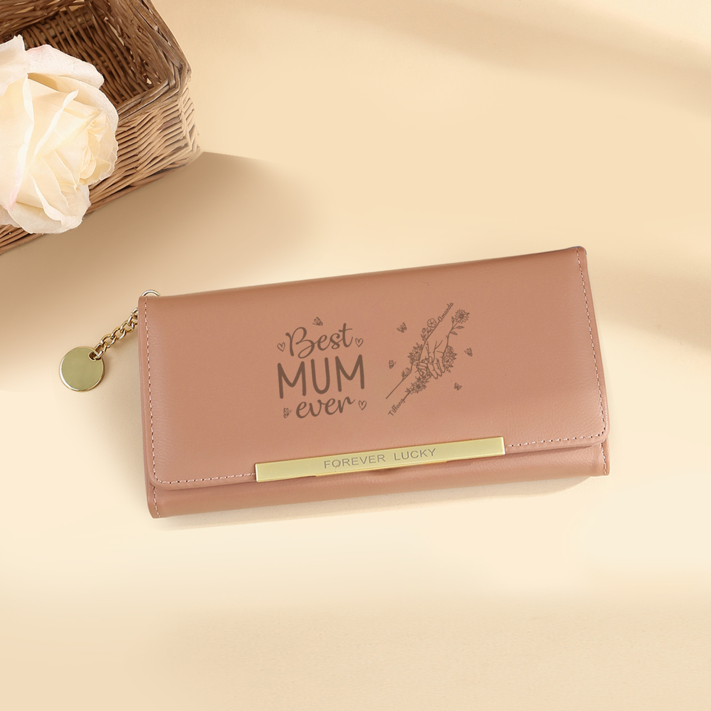 To my Mum - Personalised Women Wallet Custom With 2 Kids/Pets And 2 Names Wallet Hand in Hand Gift for Mum | Jessemade