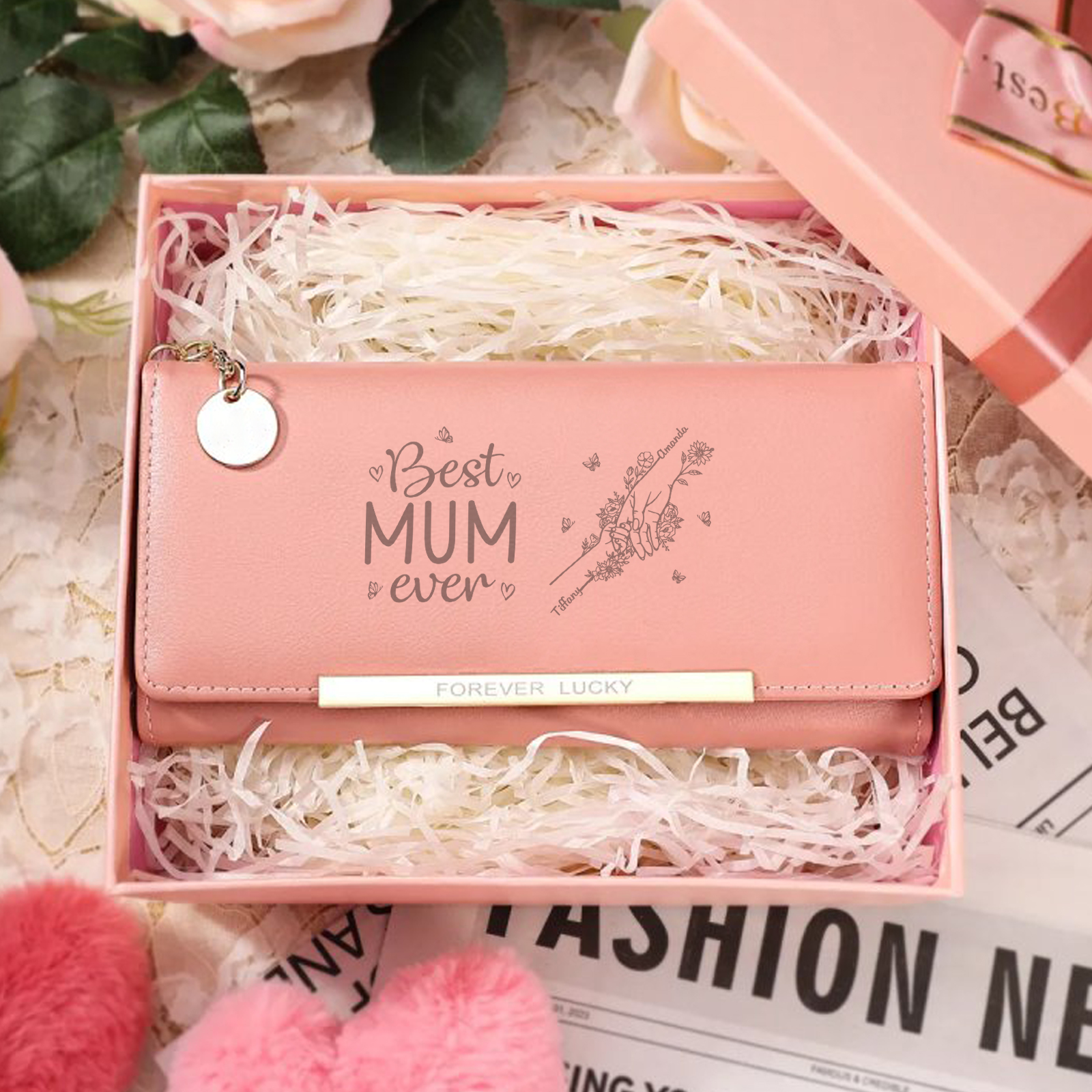 To my Mum - Personalised Women Wallet Custom With 2 Kids/Pets And 2 Names Wallet Hand in Hand Gift for Mum | Jessemade