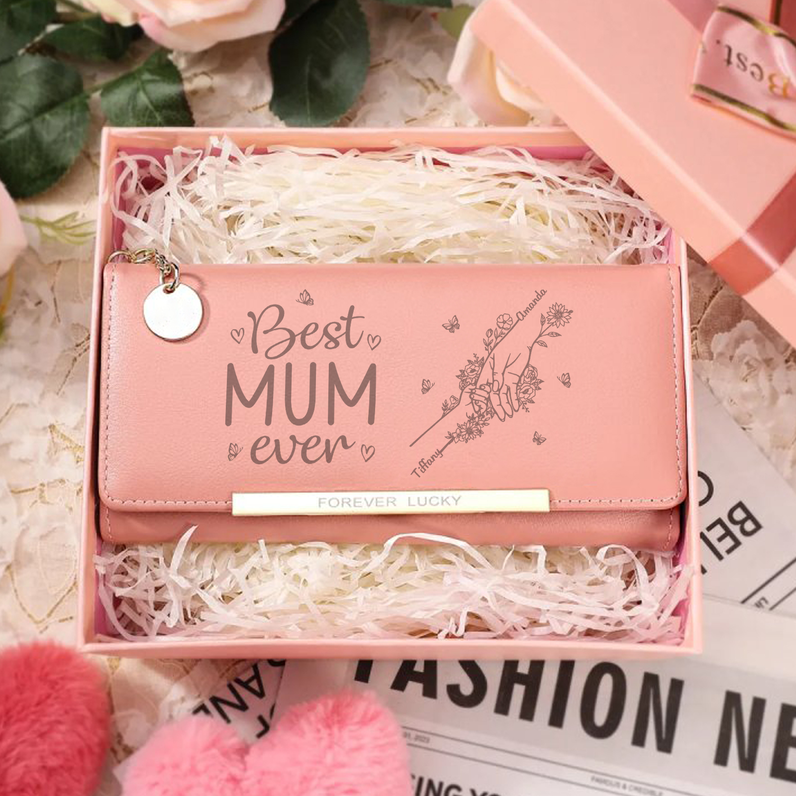 To my Mum - Personalised Women Wallet Custom With 2 Kids/Pets And 2 Names Wallet Hand in Hand Gift for Mum | Jessemade