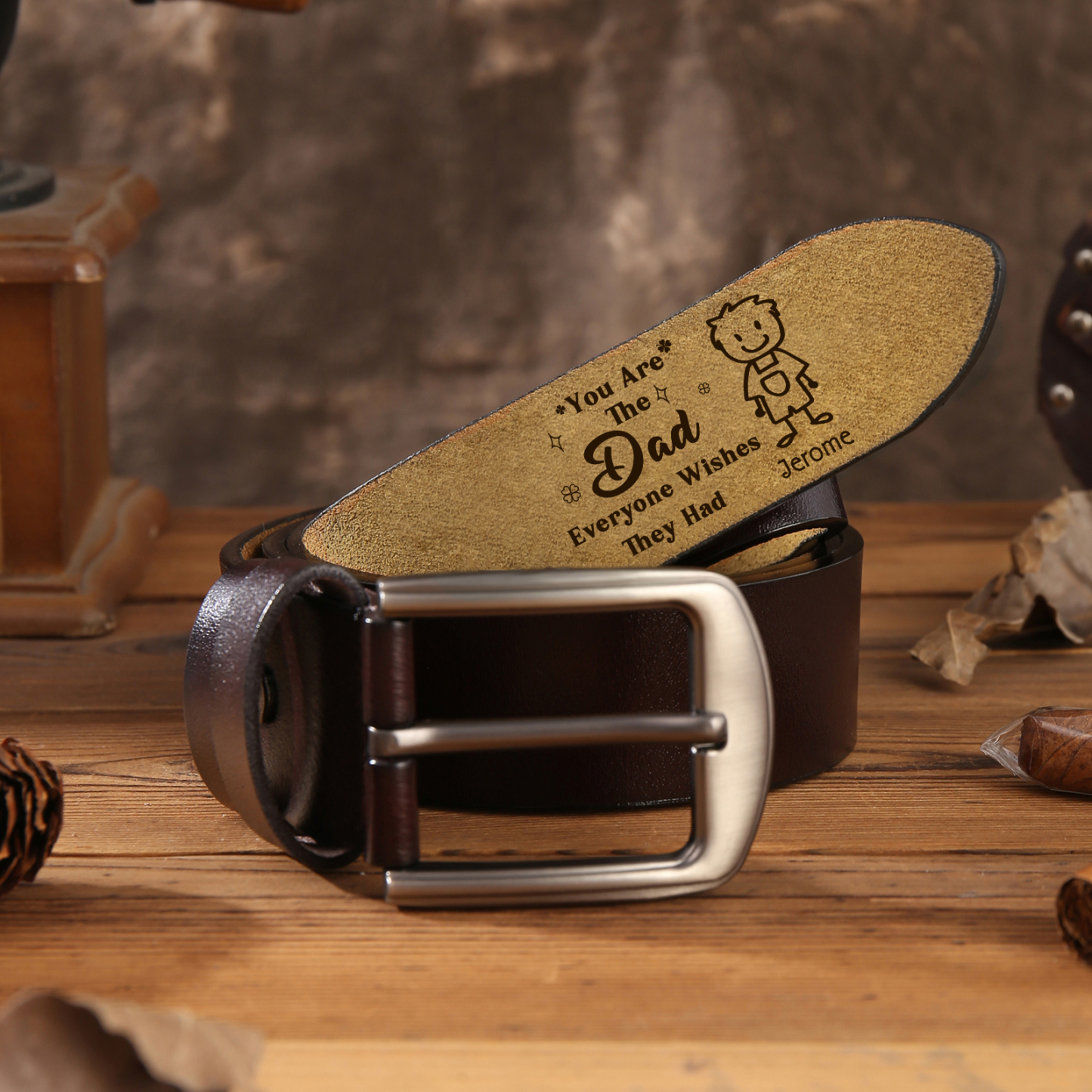 Personalised Men's Leather Belt Custom 1-6 Names With & Choice of 4 Icons Brown and Black Gift for Dad | Jessemade